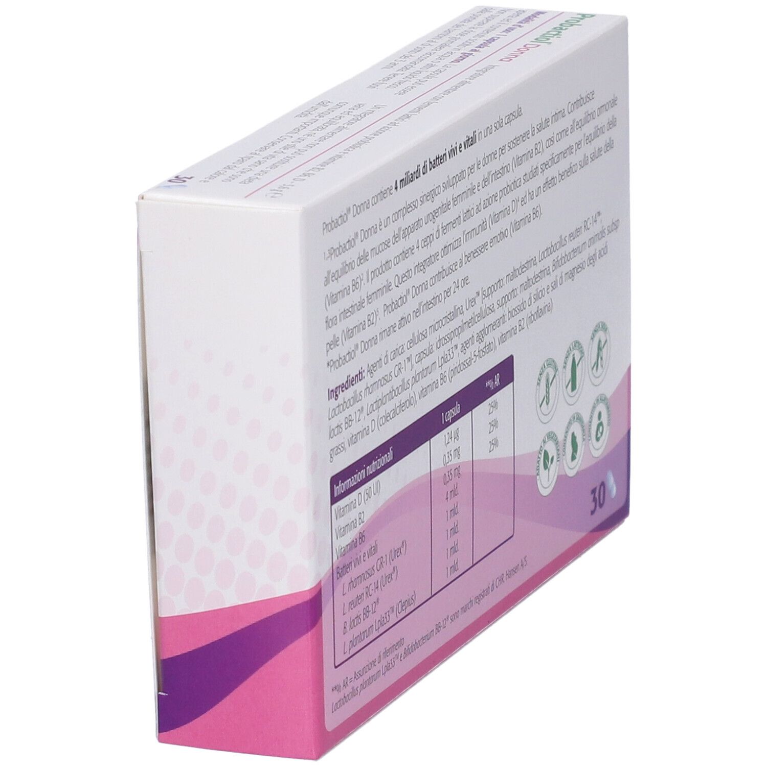 Schachtel Probactiol Donna, Zutatenliste, 30 Kapseln. Weiße und rosa Verpackung.