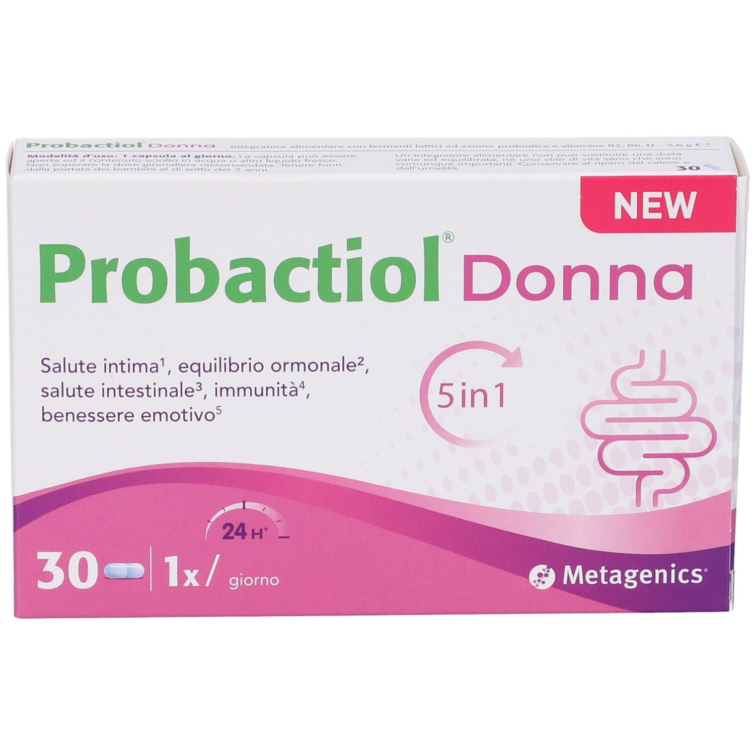 Schachtel Probactiol Donna, 30 Kapseln, 5in1. Metagenics Logo. Weiße und rosa Verpackung. 'NEW'.