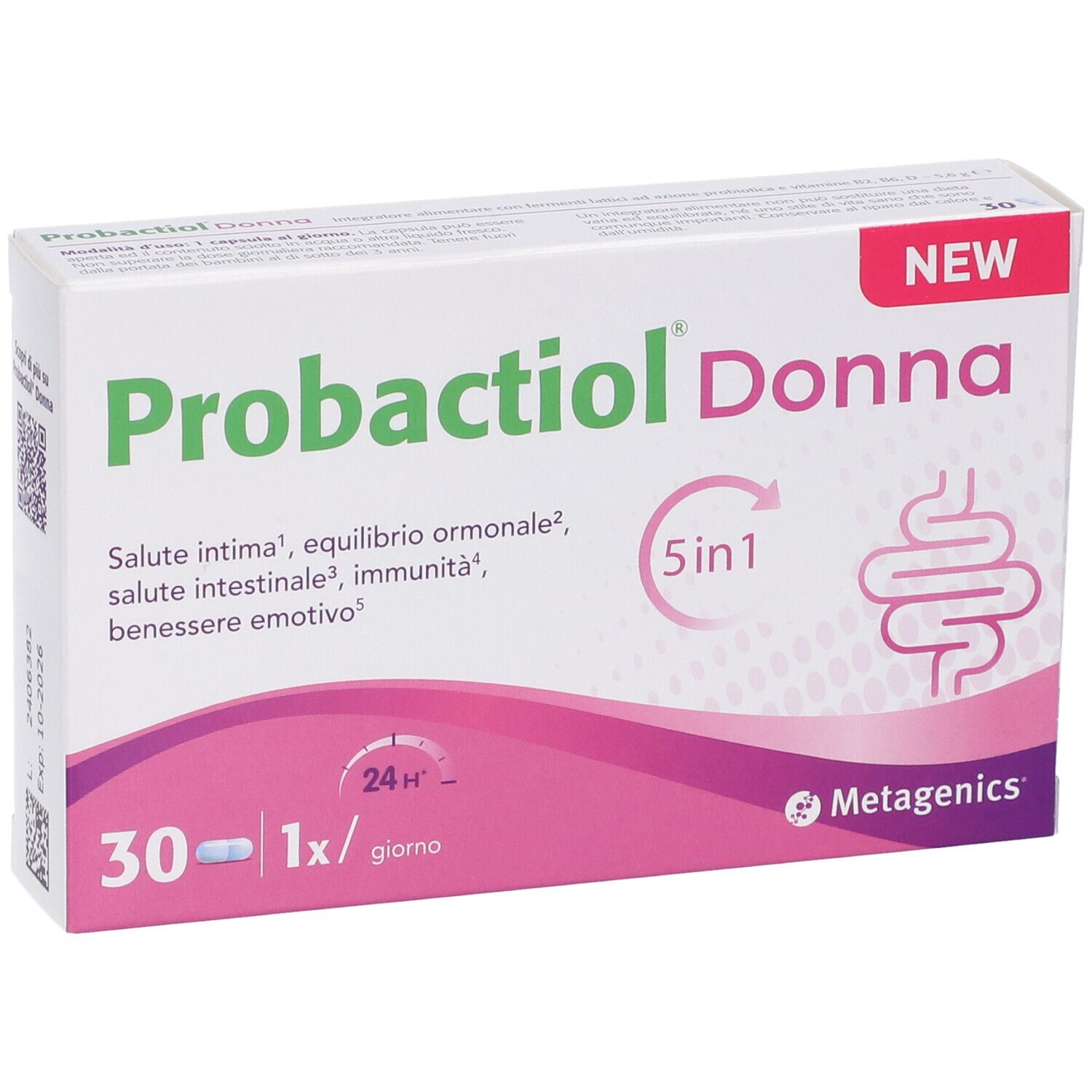 Schachtel Probactiol Donna, 30 Kapseln, 5in1. Metagenics Logo. Weiße und rosa Verpackung. 'NEW'.