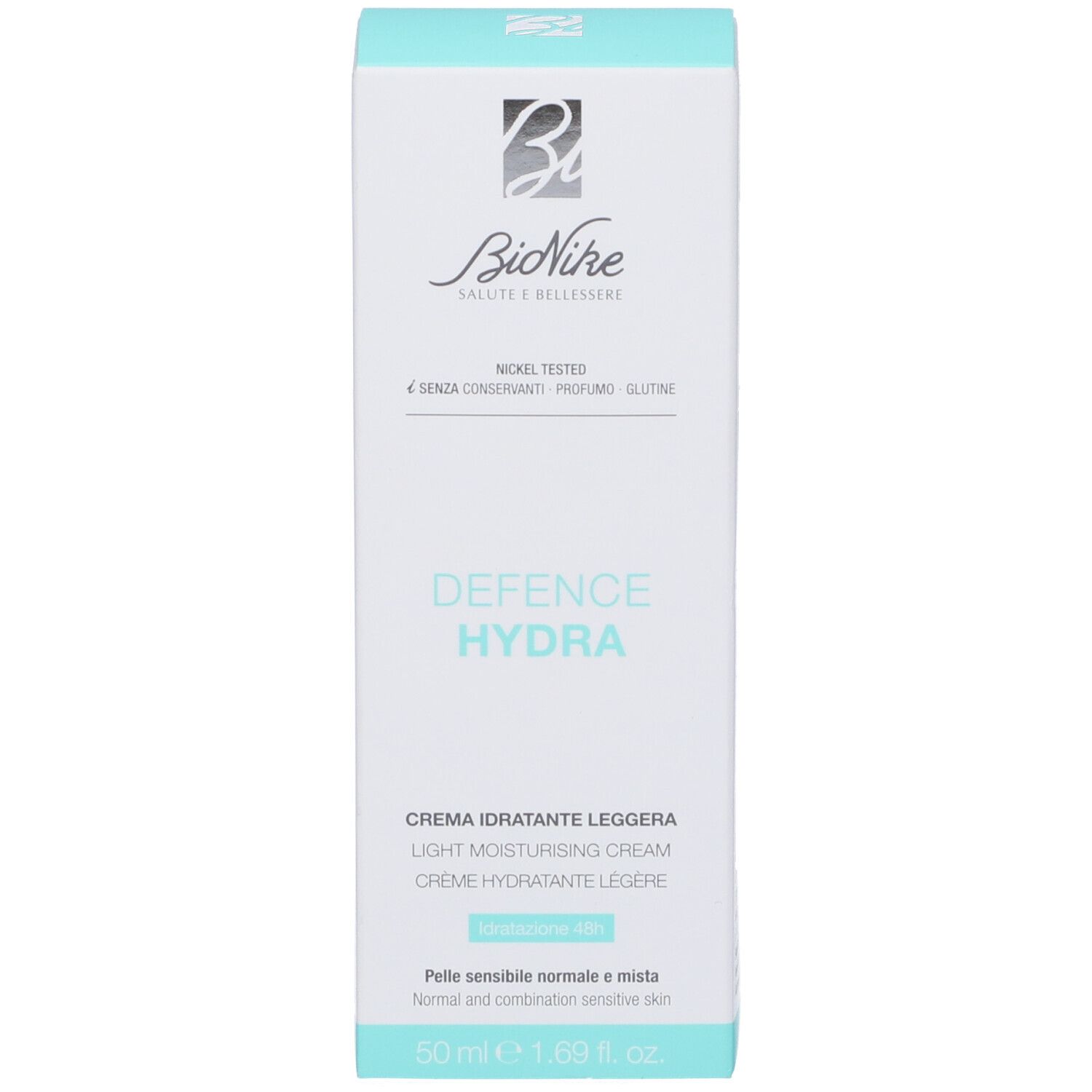 Weiße Schachtel mit türkisfarbenem Deckel. Aufschrift: Defence Hydra, Crema Idratante Leggera. Marke Bionike.