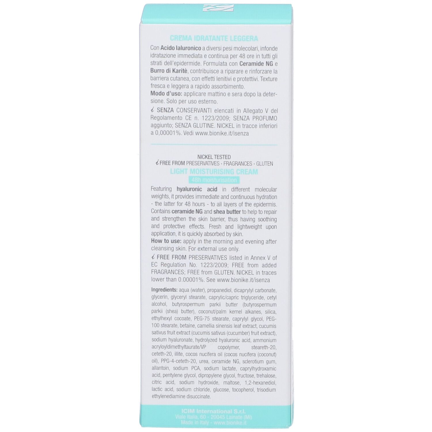 Schachtel, Seite mit Text. Türkisfarbener Deckel. Text in englischer Sprache. Inhaltsstoffe.