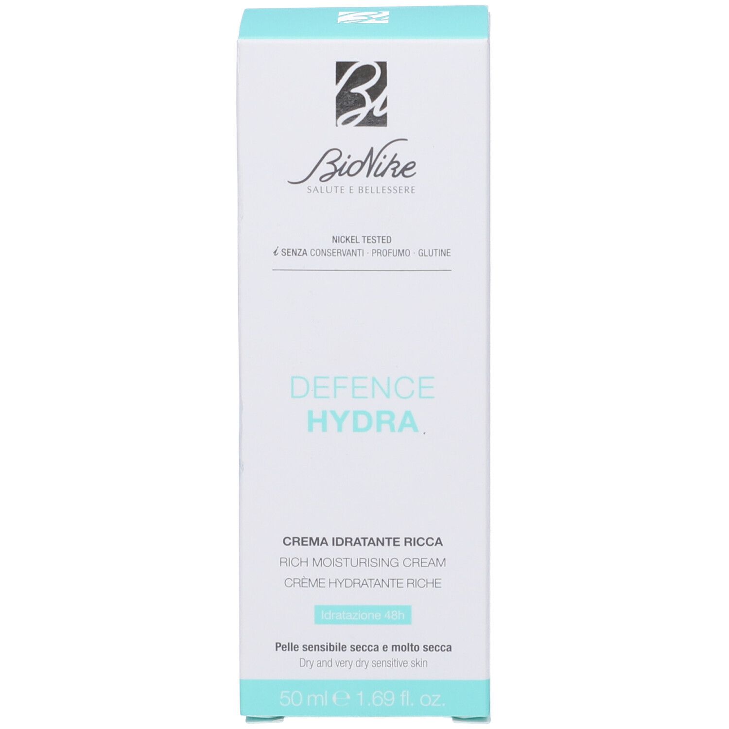 Weiße Produktverpackung mit türkisfarbenen Akzenten. Aufschrift: Defence Hydra, Creme Idratante Ricca. Marke: Bionike. Nickel Tested.