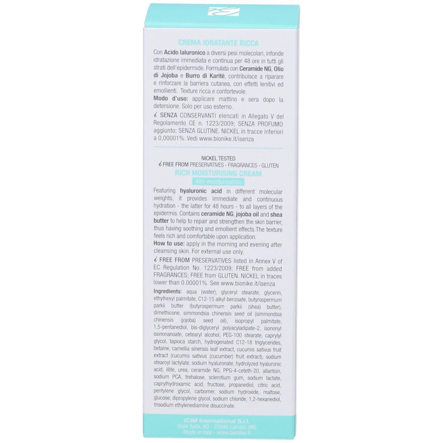 Nahaufnahme der Produktverpackung. Text in mehreren Sprachen. Aufschrift: Creme Idratante Ricca. Inhaltsstoffe. Nickel Tested.