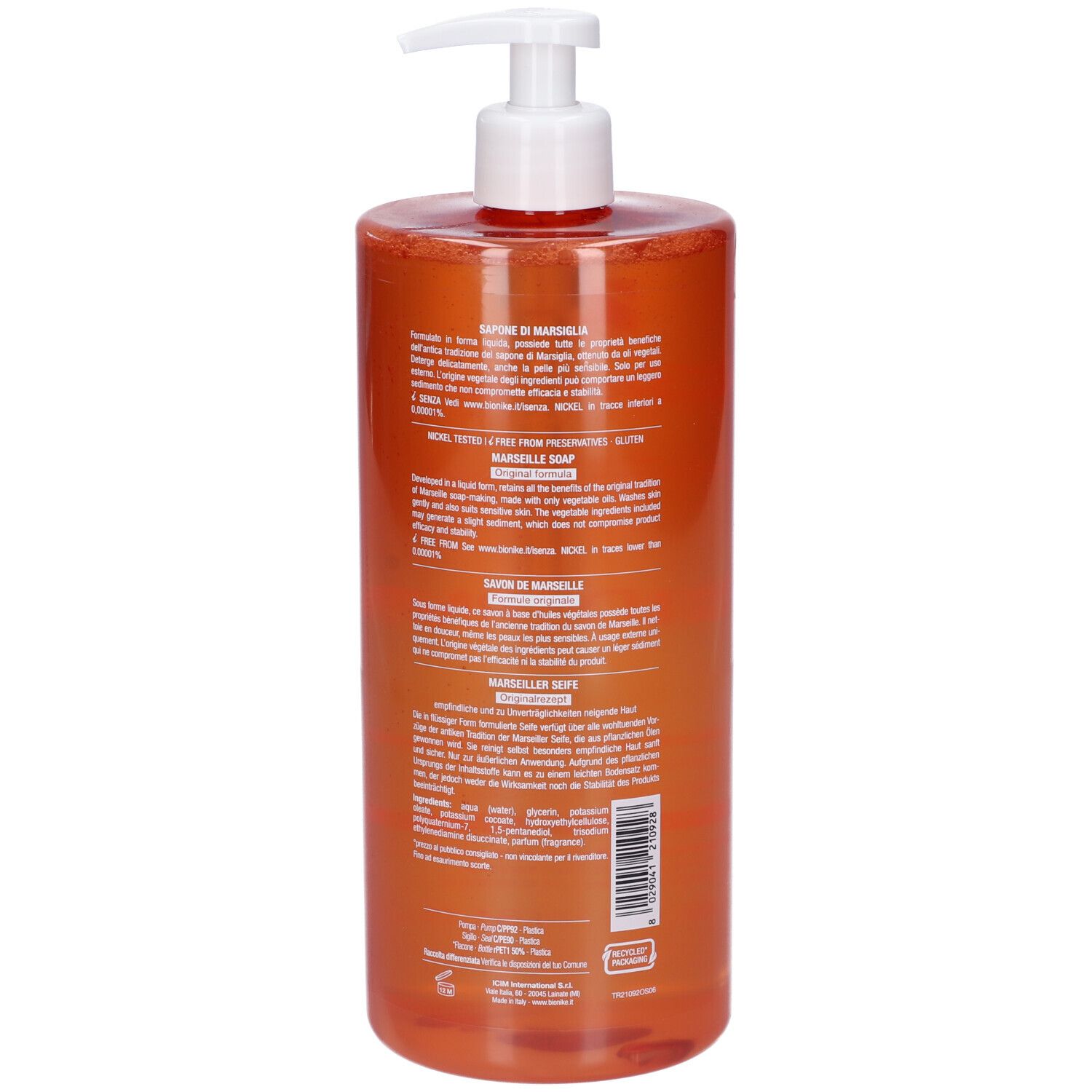 Orangefarbene Flüssigseifenflasche mit weißem Pumpspender. Enthält Textinformationen.