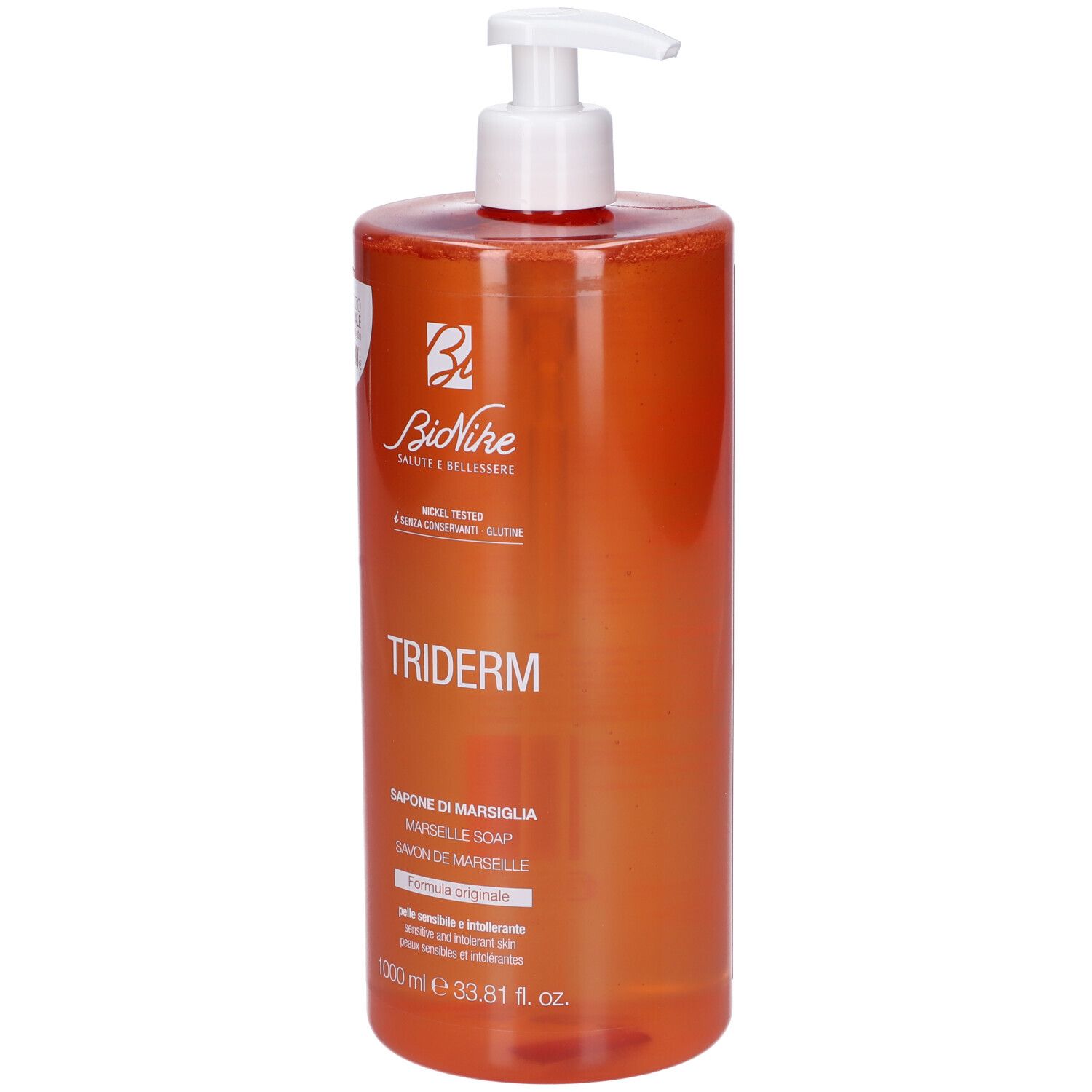 Orangefarbene Flasche mit weißem Pumpspender. Enthält 1000 ml Marseille-Seife.
