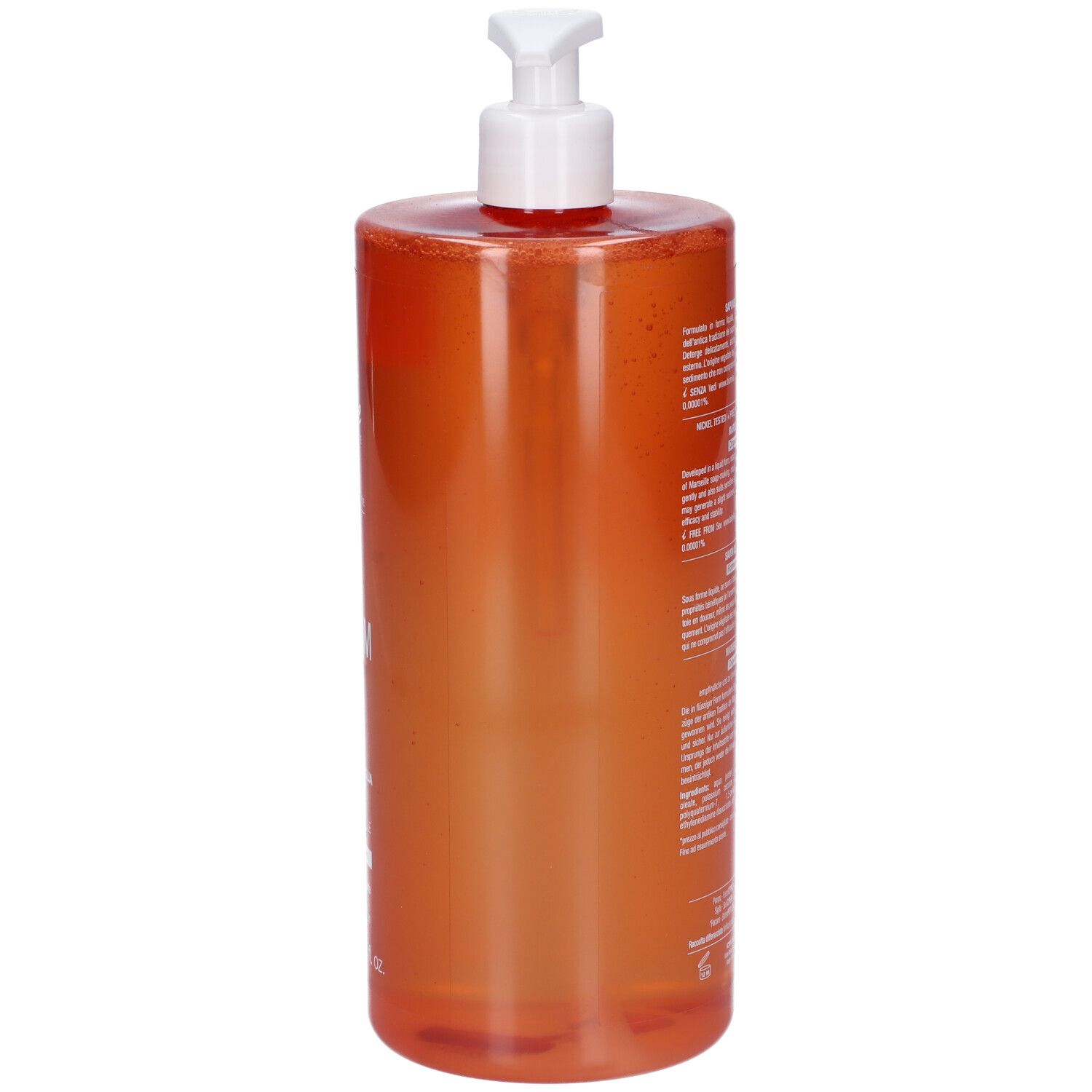 Orangefarbene Flasche mit weißem Pumpspender, gefüllt mit flüssigem Produkt.