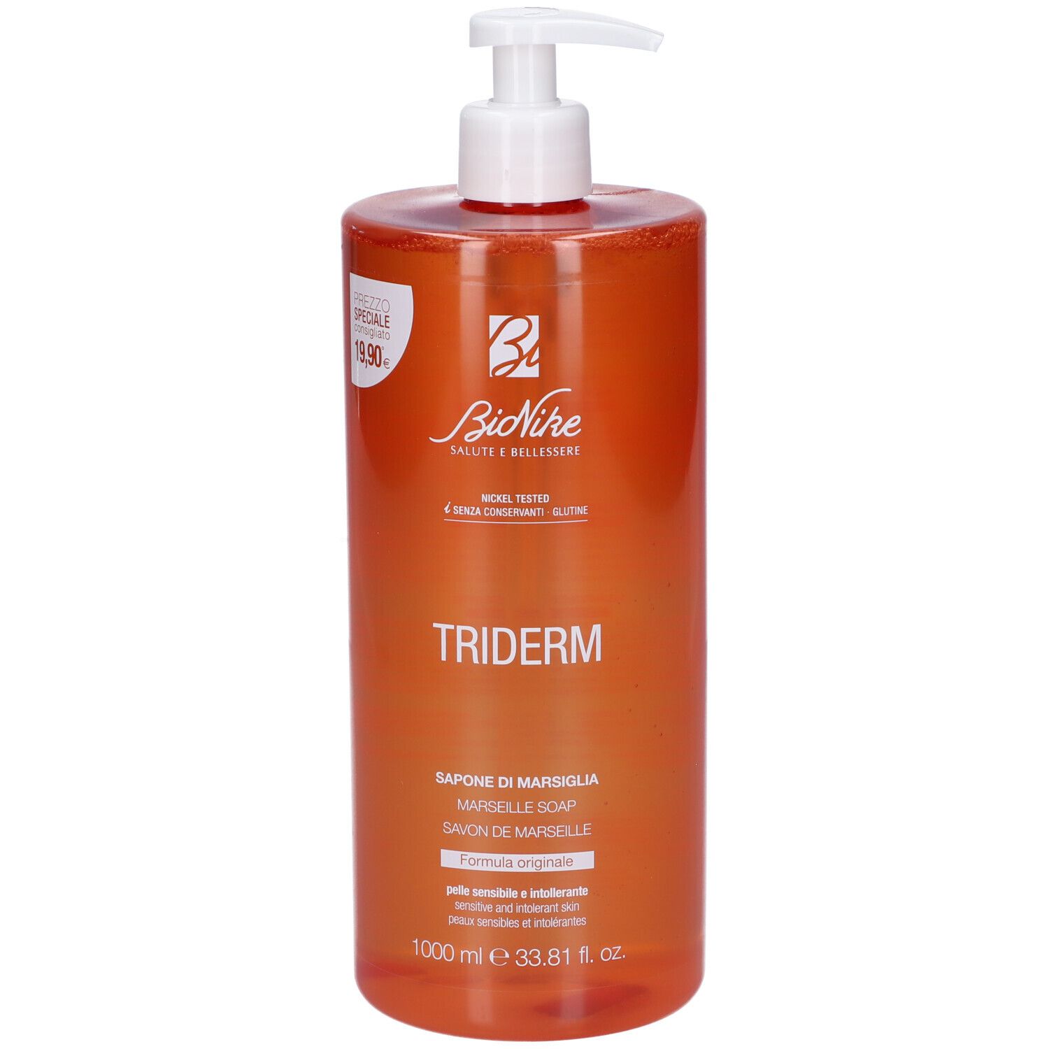 Orangefarbene Pumpflasche mit Bionike Triderm Marseille Seife, 1000 ml.