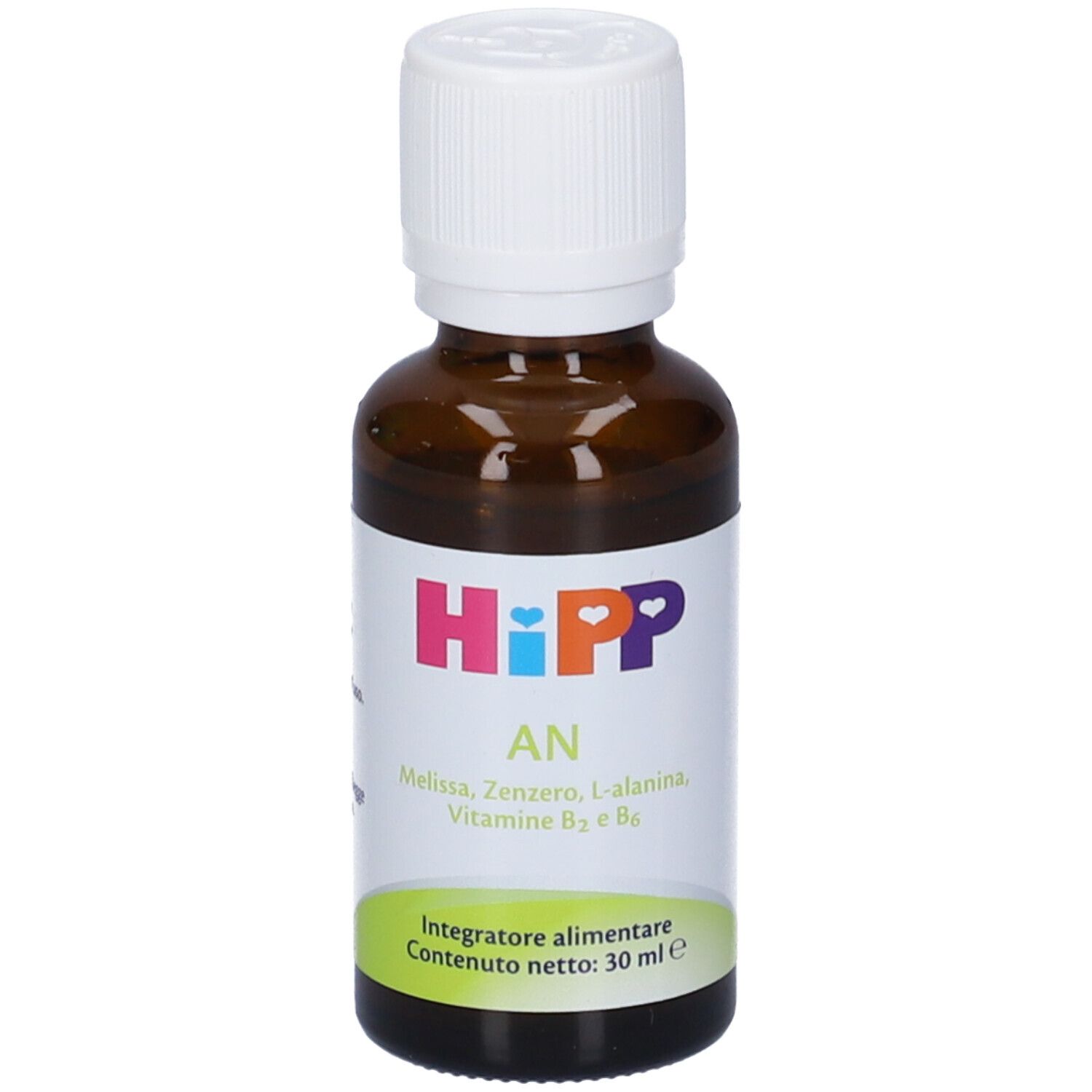 Braune Glasflasche mit weißem Deckel. Etikett mit Produktnamen, Inhaltsstoffen und Volumen. Grün-weißes Etikett unten.