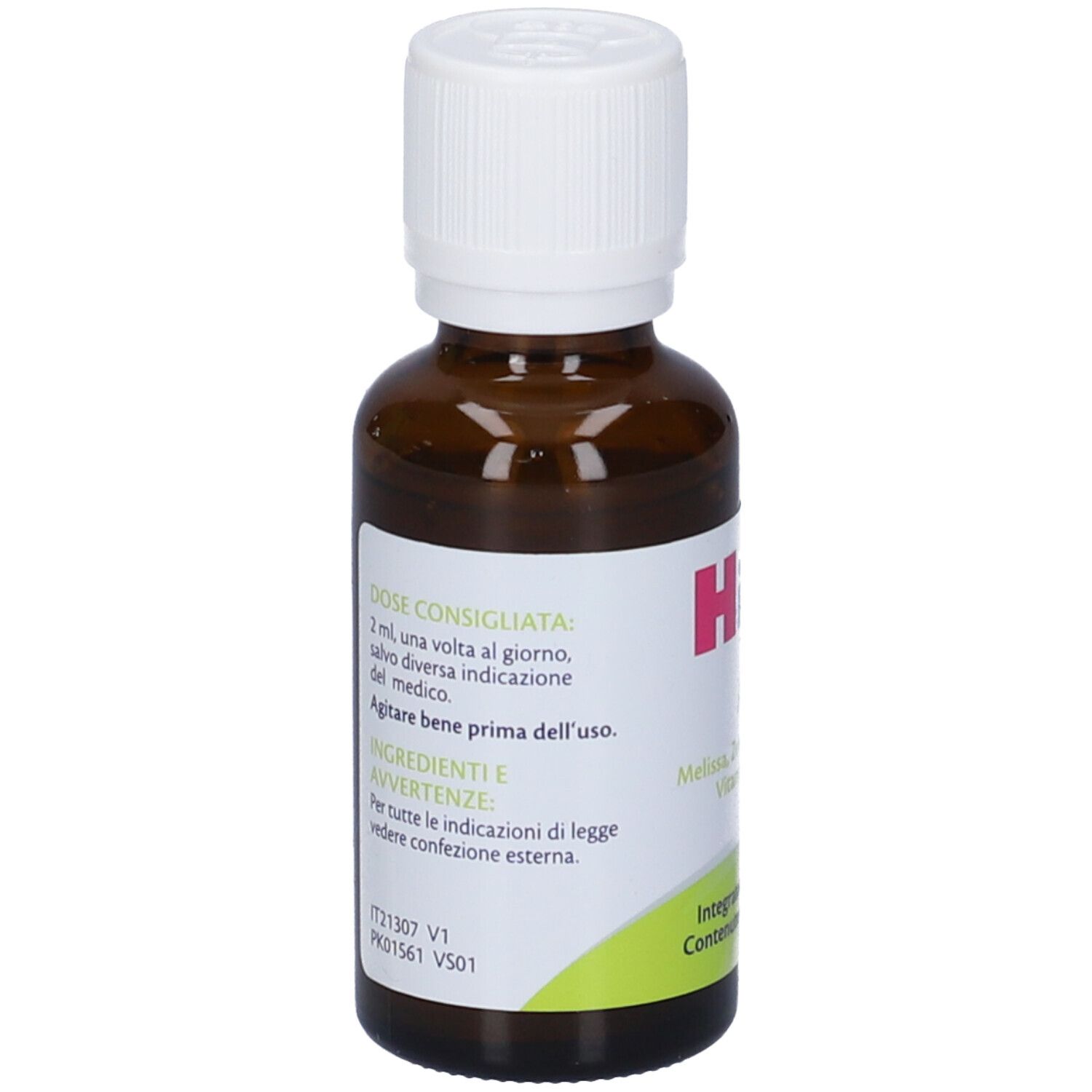 Braune Glasflasche mit weißem Deckel. Etikett mit Dosierung, Inhaltsstoffen und Warnhinweisen. Rückansicht.