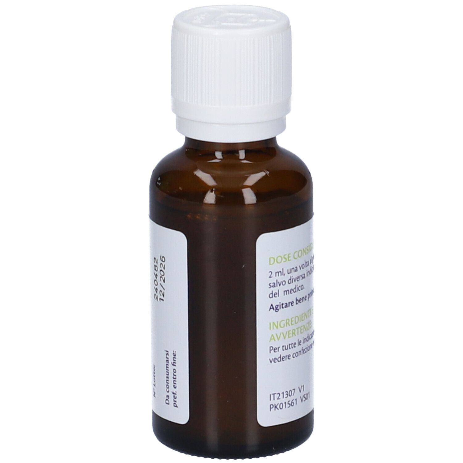 Braune Glasflasche mit weißem Deckel. Etikett mit Verfallsdatum. Rückansicht.