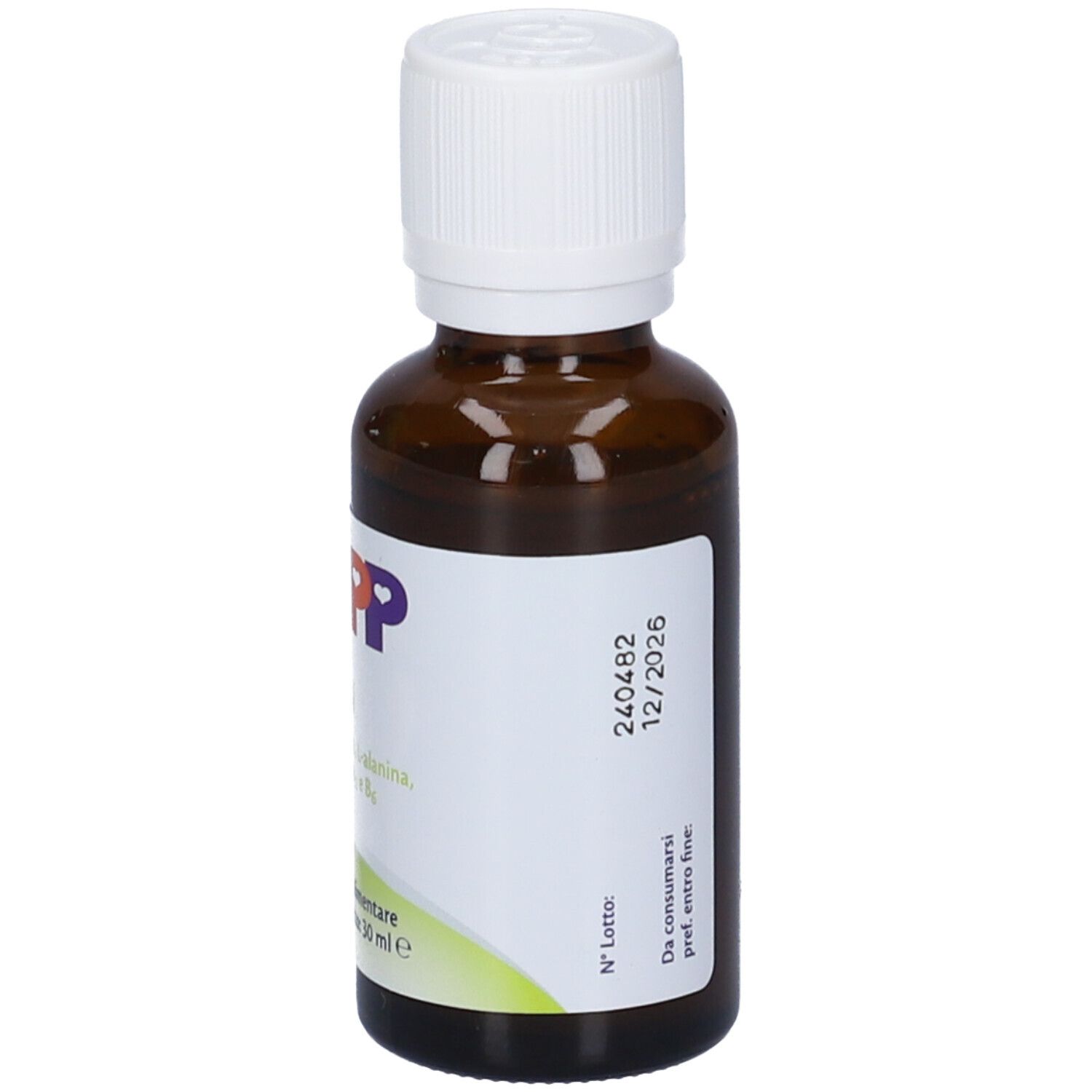 Braune Glasflasche mit weißem Deckel. Etikett mit Verfallsdatum. Rückansicht.