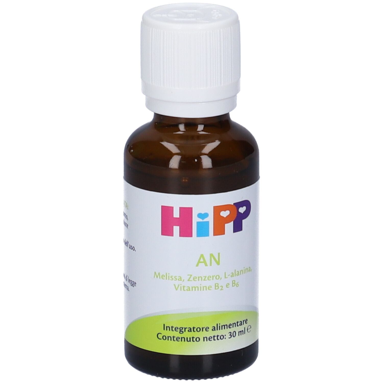 Braune Glasflasche mit weißem Deckel. Etikett mit Produktnamen, Inhaltsstoffen und Volumen. Grün-weißes Etikett unten.