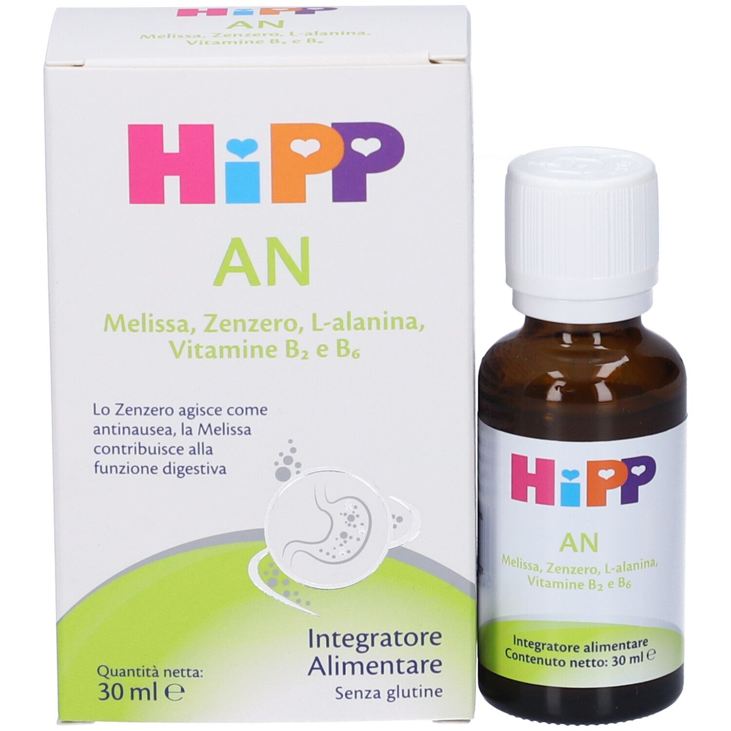 Produktflasche und Verpackung. Weiße Schachtel mit Produktnamen, Inhaltsstoffen und Volumen. Flasche daneben.