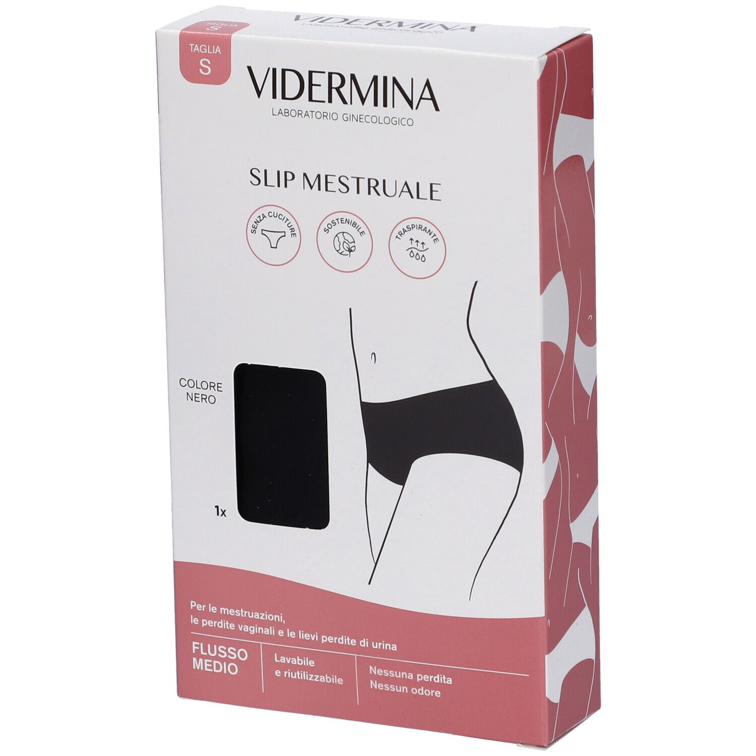 Confezione di Vidermina Slip Mestruale S nero. Taglia S, colore nero. Scritte: senza cuciture, sostenibile, traspirante.
