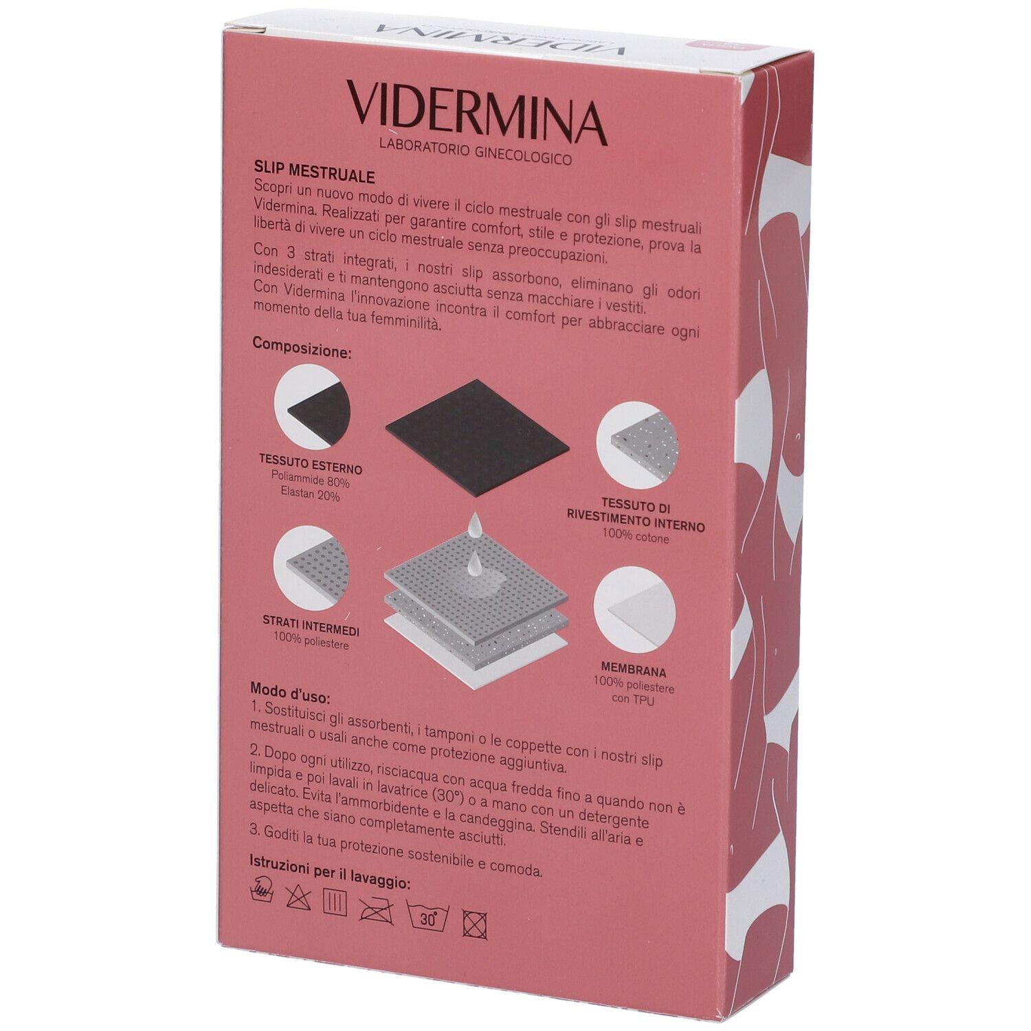 Retro della confezione Vidermina Slip Mestruale S. Descrizione del prodotto, composizione e istruzioni di lavaggio.