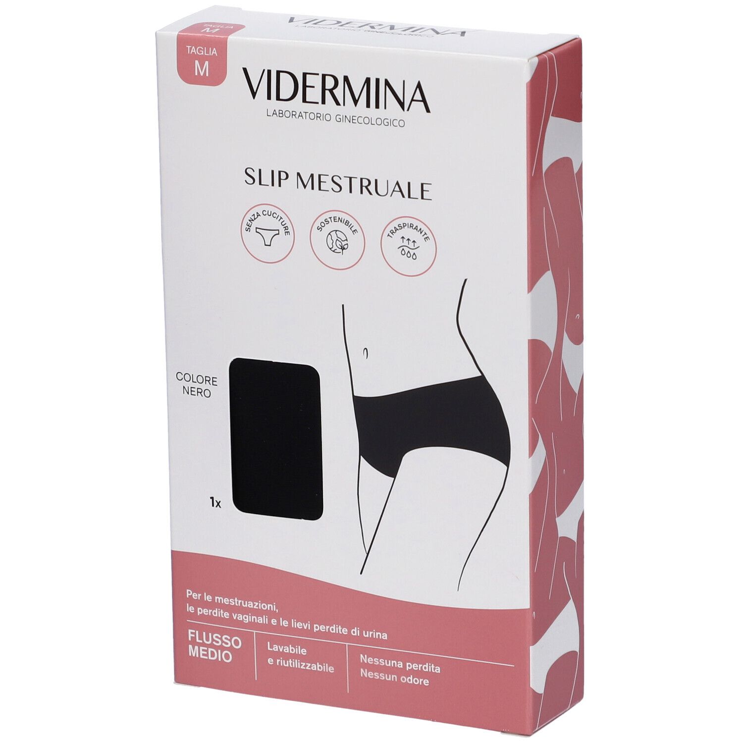 Confezione Vidermina Slip Mestruale, colore nero, taglia M. Illustrazione di donna. Scritto: Flusso medio, lavabile e riutilizzabile.