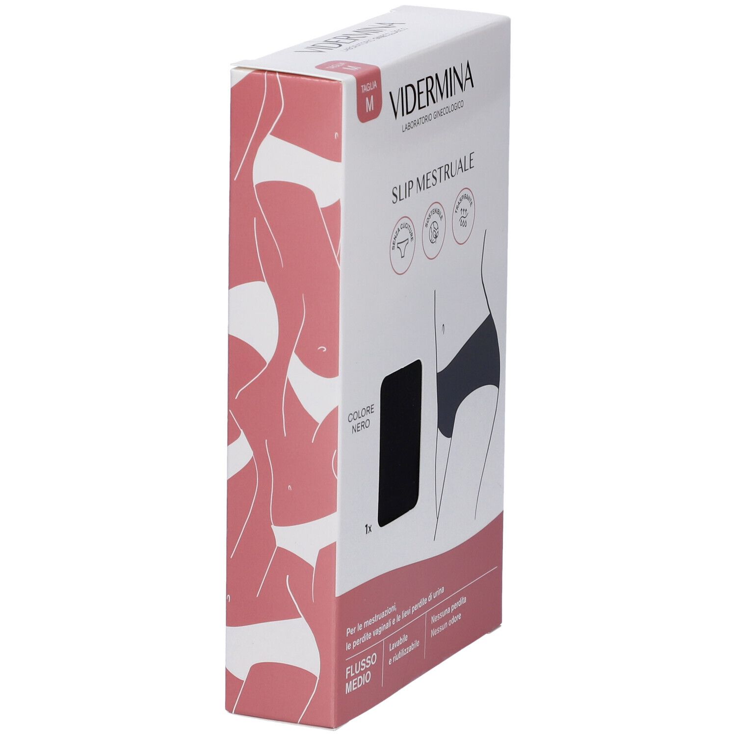 Confezione Vidermina Slip Mestruale, nero, taglia M. Vista laterale. Illustrazione di donna. Scritto: Colore nero, slip.