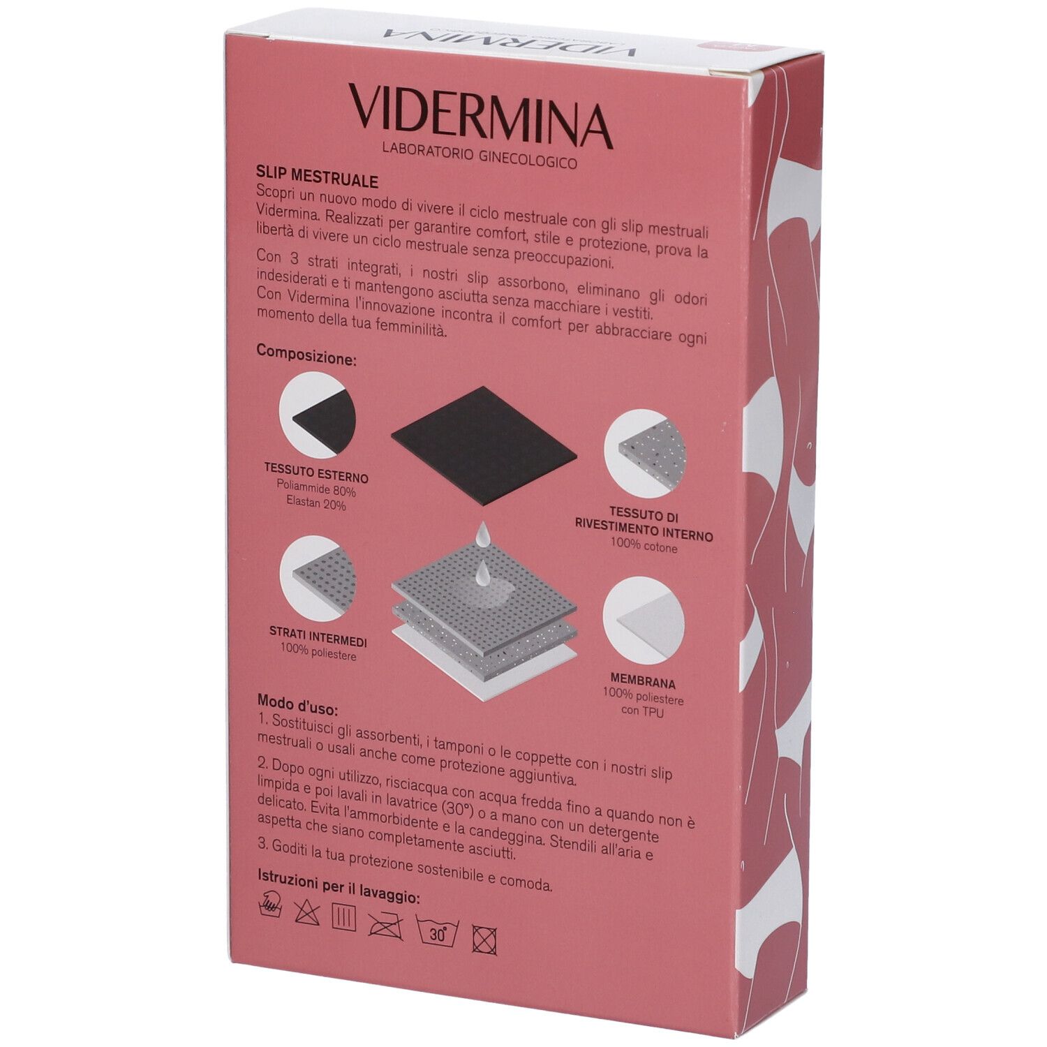 Retro confezione Vidermina Slip Mestruale. Testo su composizione e uso. Illustrazioni degli strati di tessuto.