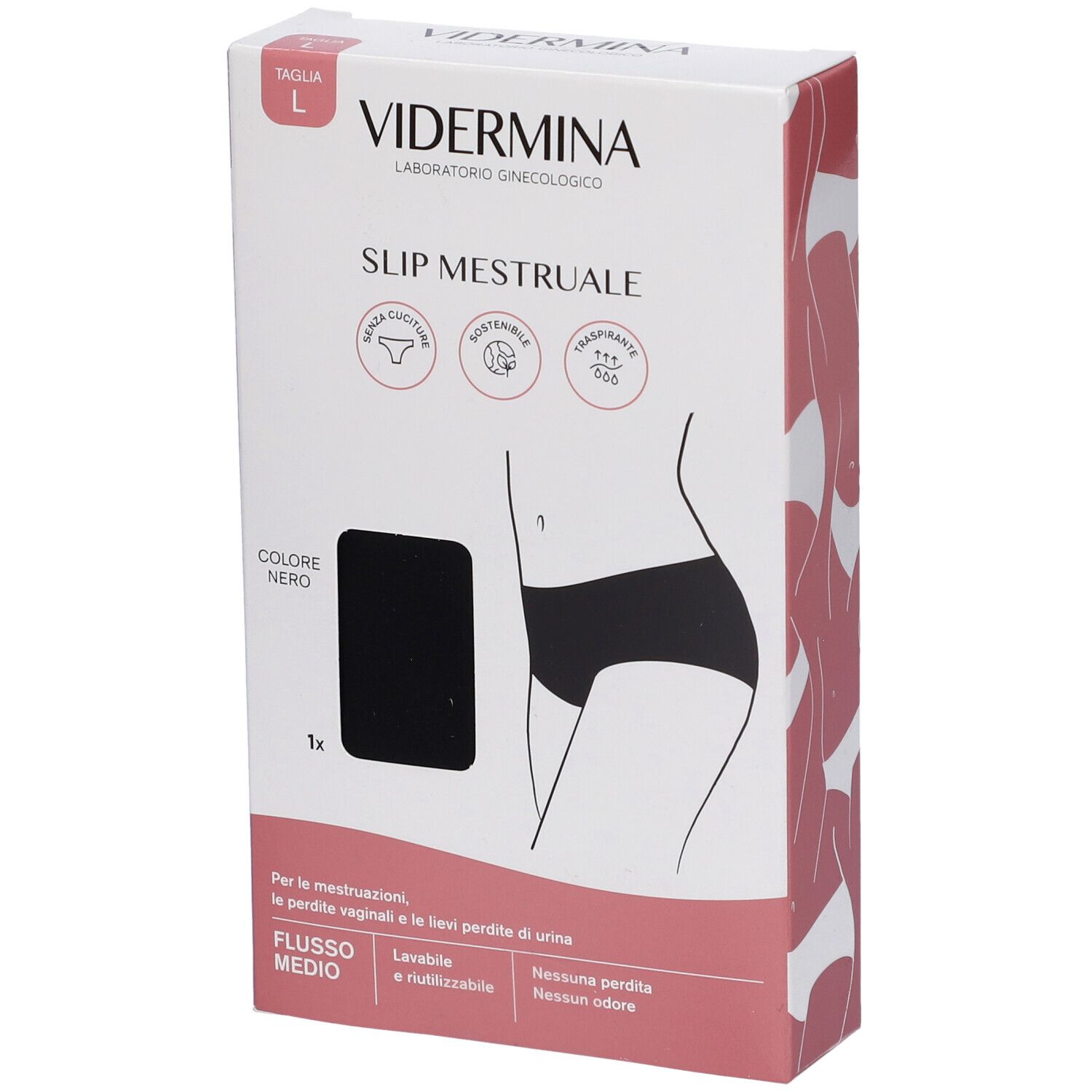 Confezione Vidermina Slip Mestruale L. Slip nero raffigurato. Taglia L, colore nero, Flusso Medio.