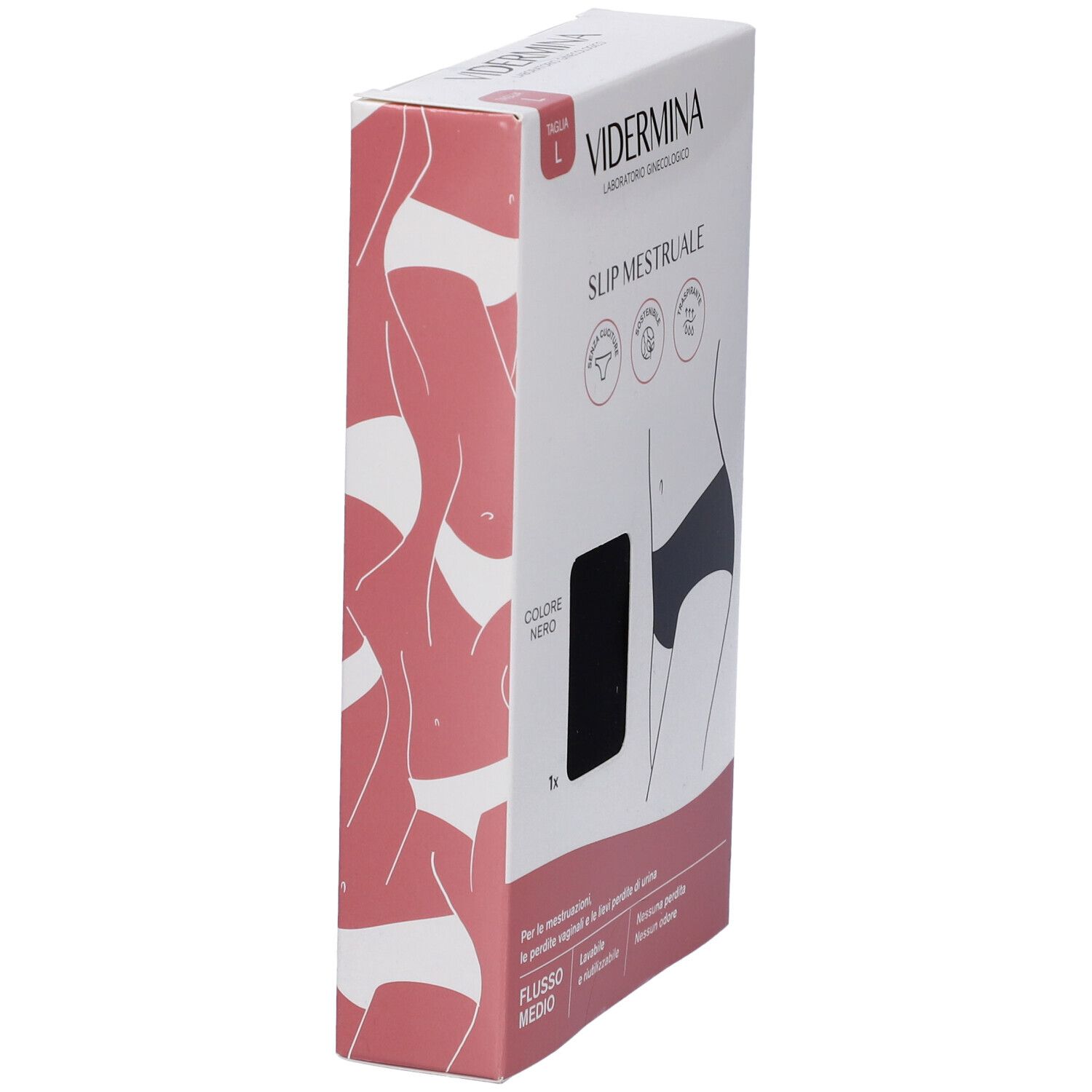 Confezione Vidermina Slip Mestruale L, vista laterale. Taglia L, colore nero. Immagine del prodotto e illustrazione di una donna.