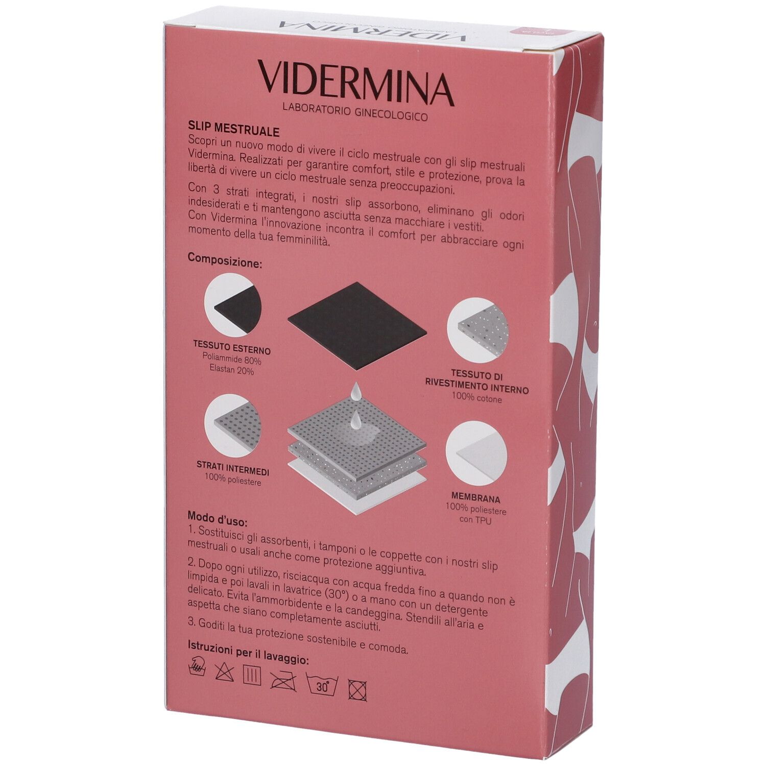Retro della confezione Vidermina Slip Mestruale L. Testo sul prodotto, composizione dei materiali e istruzioni per l'uso.