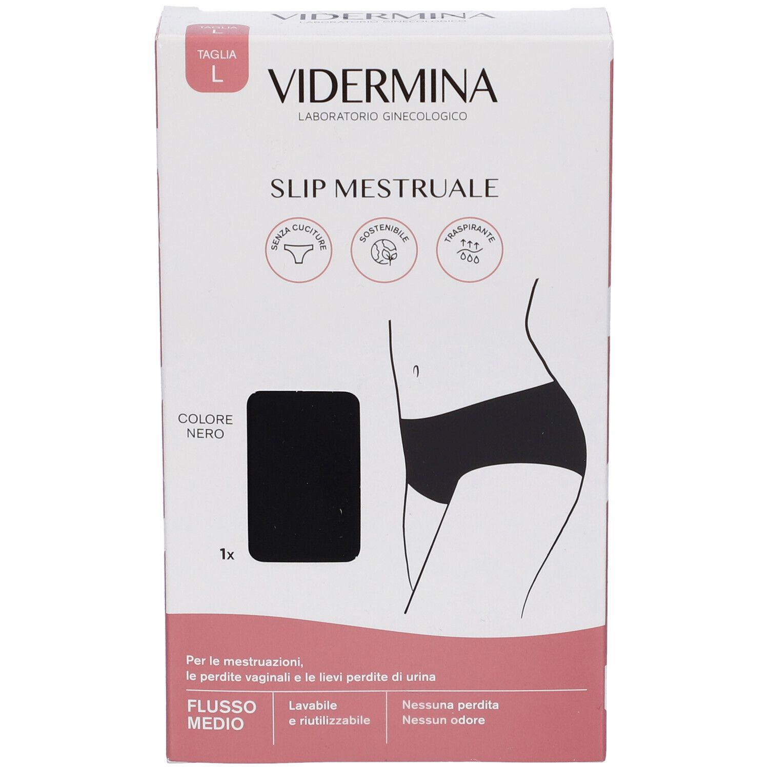 Confezione Vidermina Slip Mestruale L. Slip nero raffigurato. Taglia L, colore nero, Flusso Medio.
