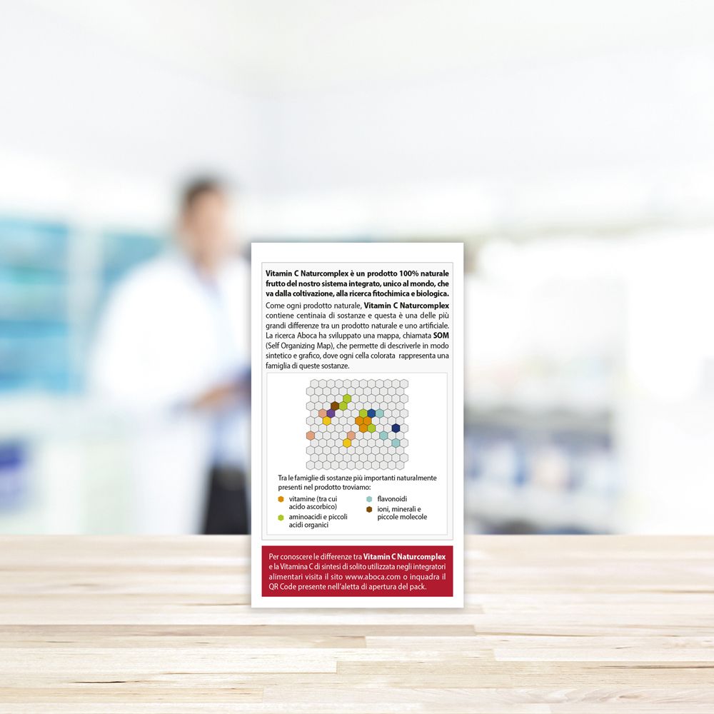 Rückseite der Vitamin C Naturcomplex-Verpackung. Text und Diagramm.