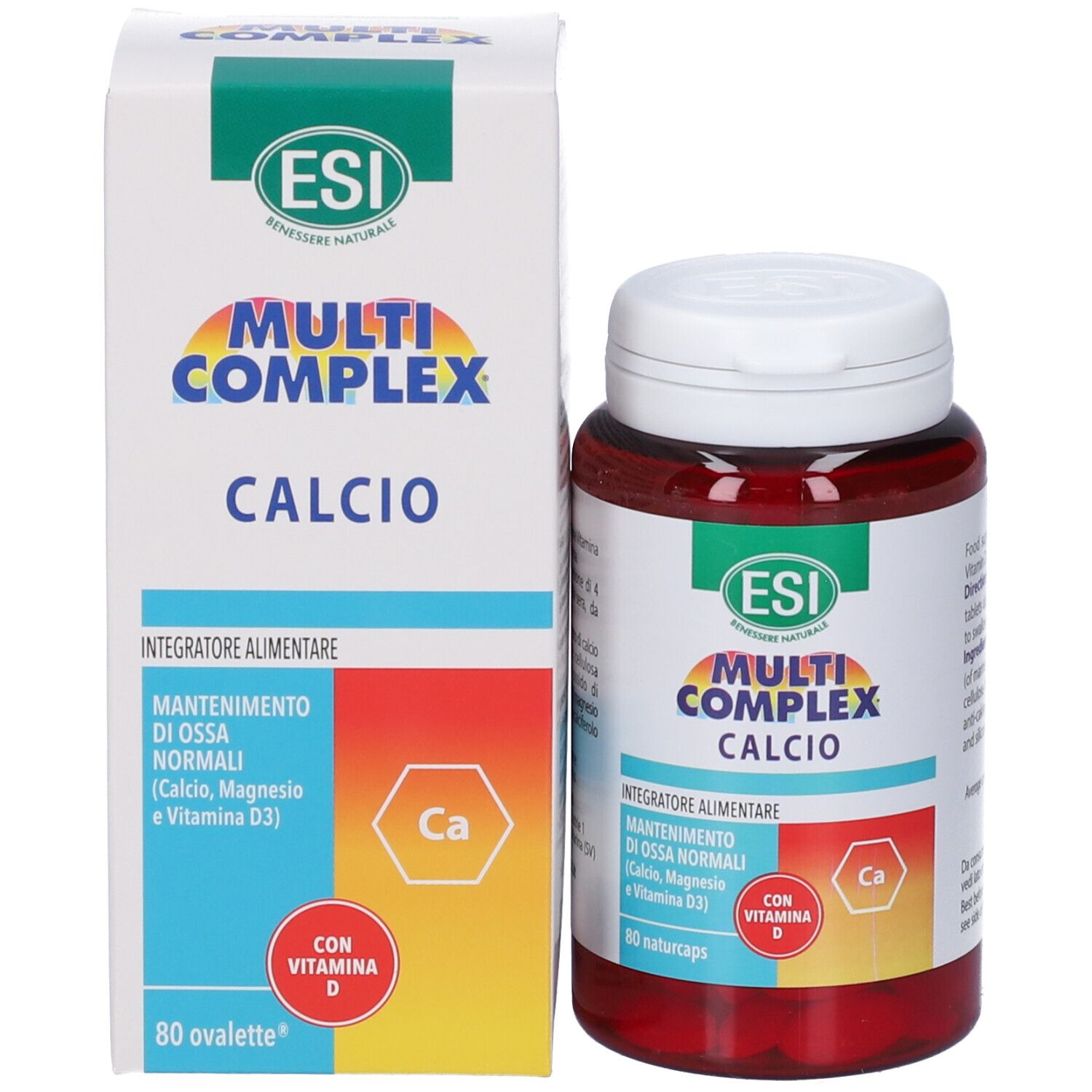 Produktverpackung und Flasche. Verpackung mit grünem Streifen und Text: ESI Multi Complex Calcio. Flasche mit 80 Kapseln.