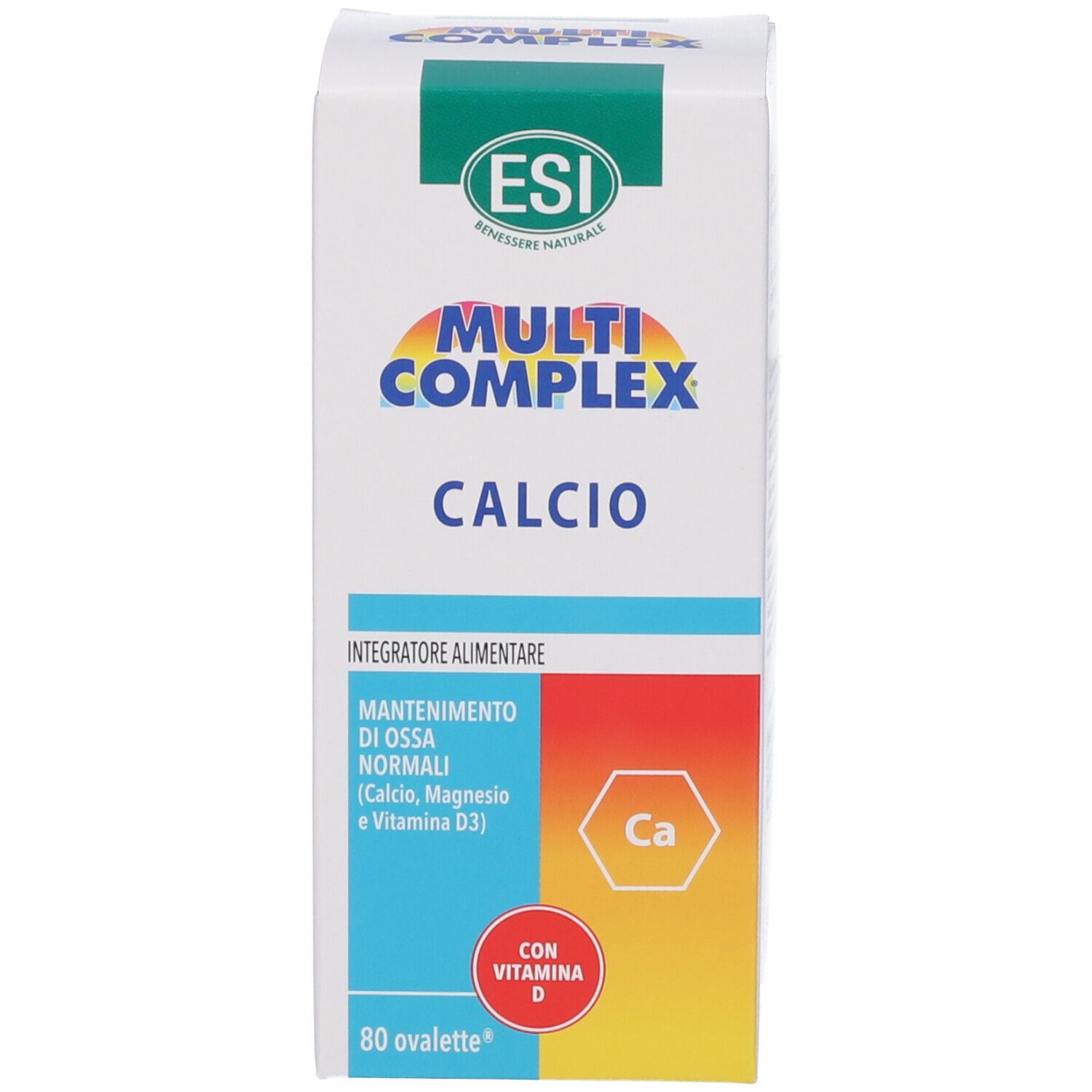Produktverpackung mit grünem Streifen und Text: ESI Multi Complex Calcio. Enthält 80 Ovalette.