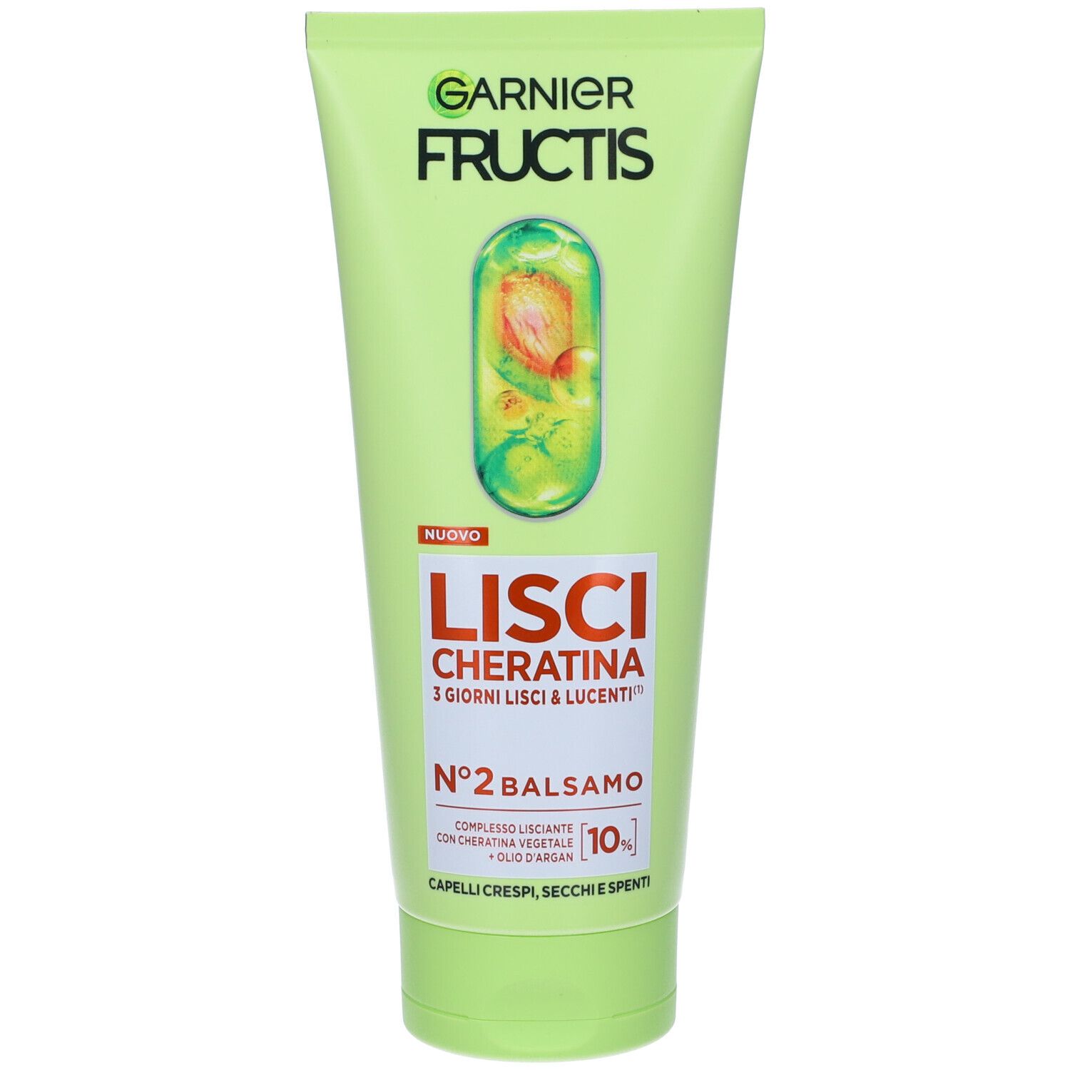 Tubo verde Garnier Fructis Balsamo. Scritta: LISCI CHERATINA. Con cheratina e olio di argan. Elemento giallo visibile sul tubo.