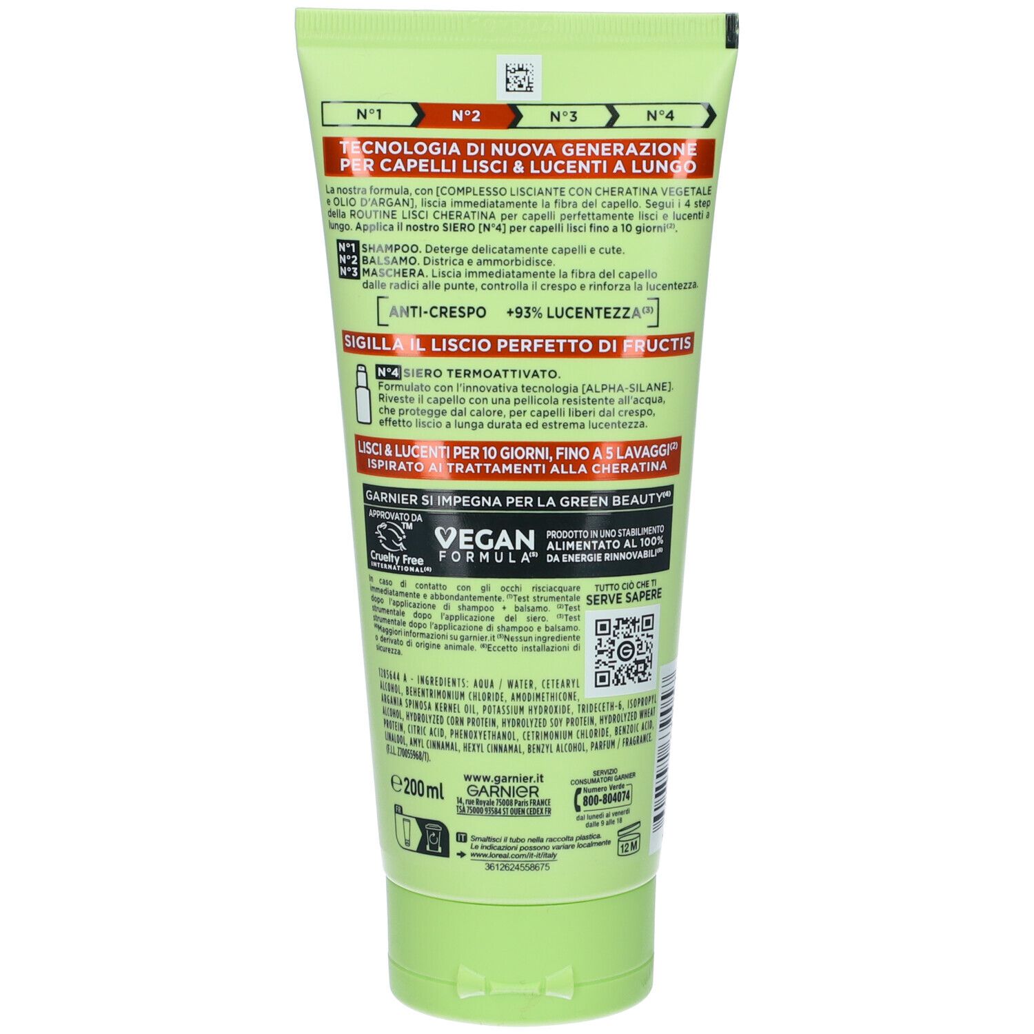 Retro del tubo verde Garnier Fructis. Testo: Vegan Formula. Con ingredienti e codice QR. Volume: 200 ml.