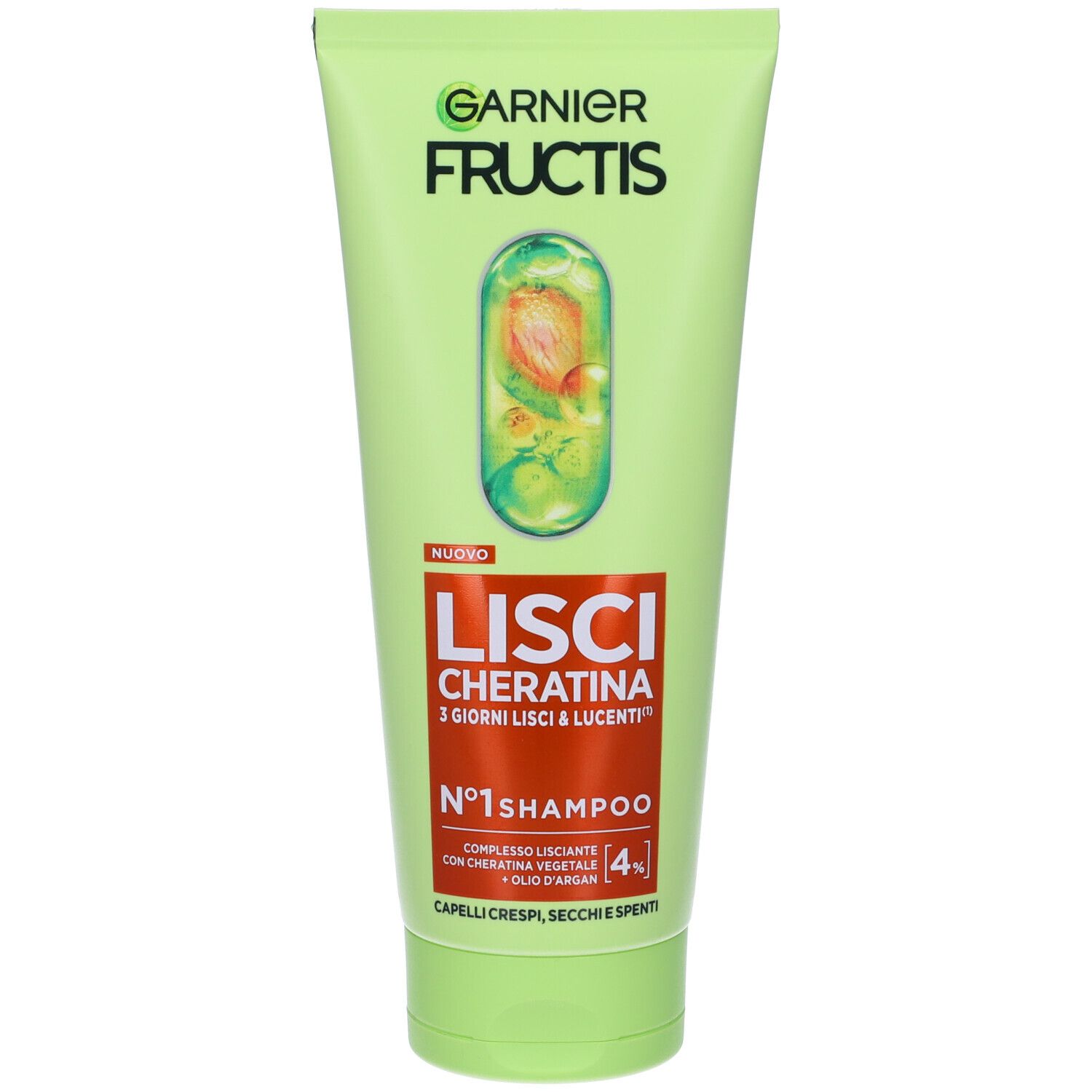 Tubo verde di shampoo Garnier Fructis. Scritta: LISCI CHERATINA, 3 GIORNI LISCI & LUCENTI. Con logo.