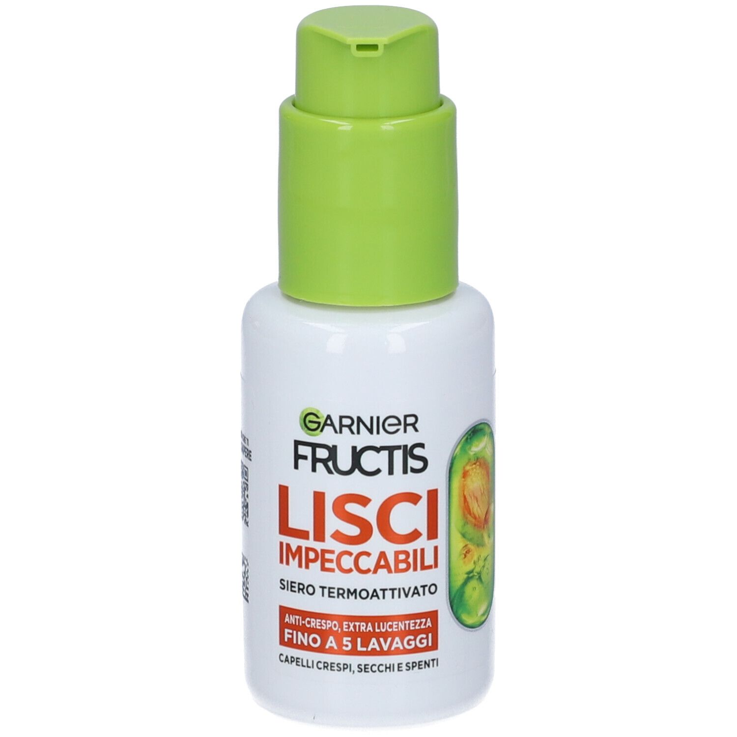 Flacone bianco con erogatore verde. Scritta: Garnier Fructis LISCI IMPECCABILI. Nome del prodotto e logo visibili.