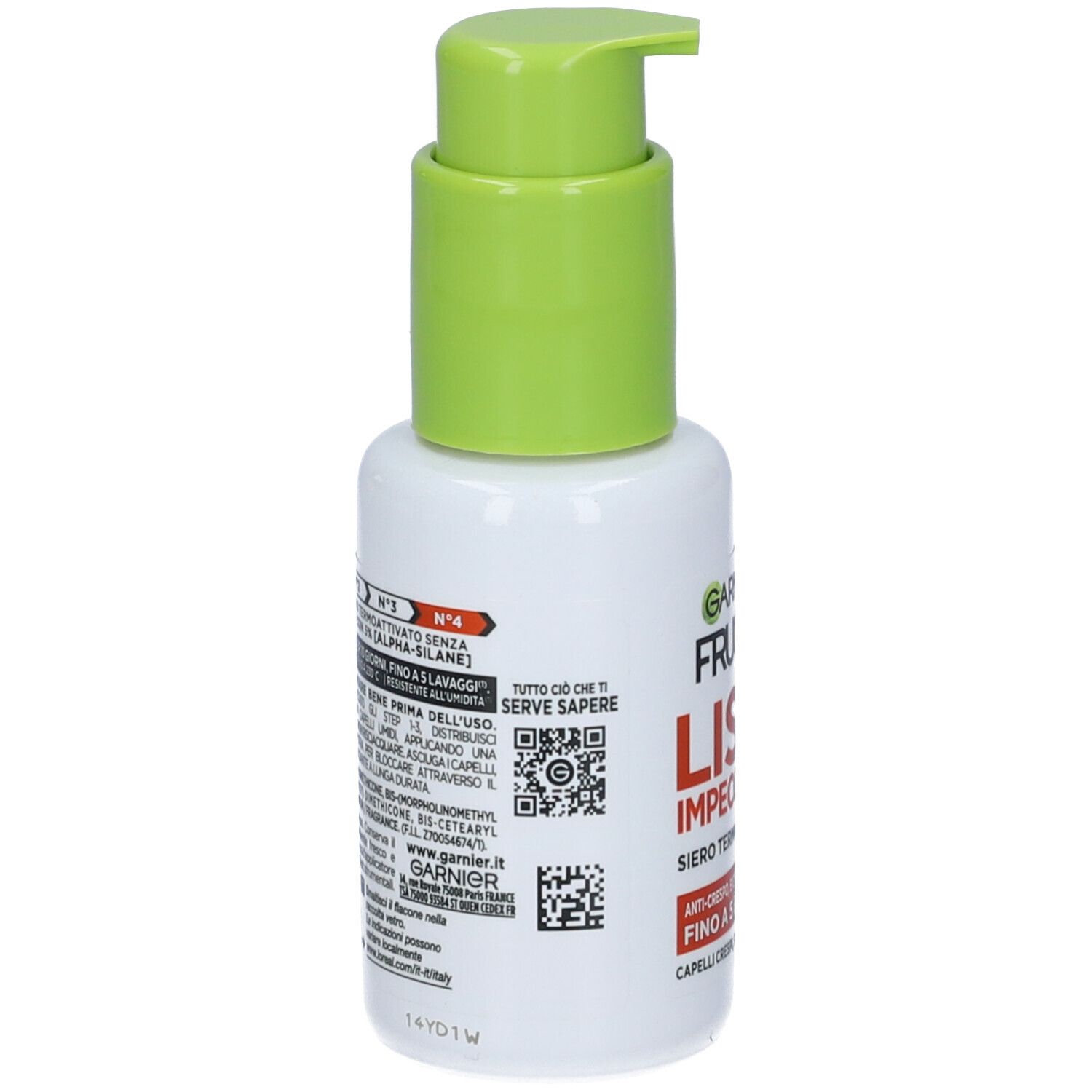 Flacone bianco con erogatore verde. Retro con testo e codice QR. Nome del prodotto e logo non visibili.
