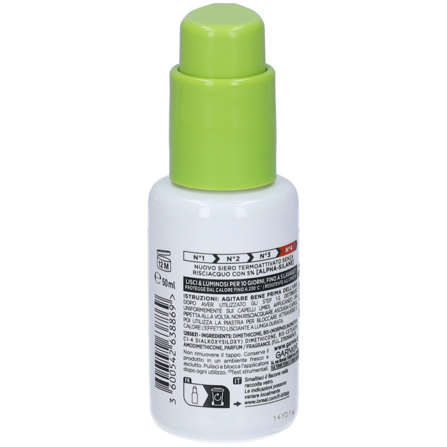 Flacone bianco con erogatore verde. Retro con testo. Nome del prodotto e logo non visibili.