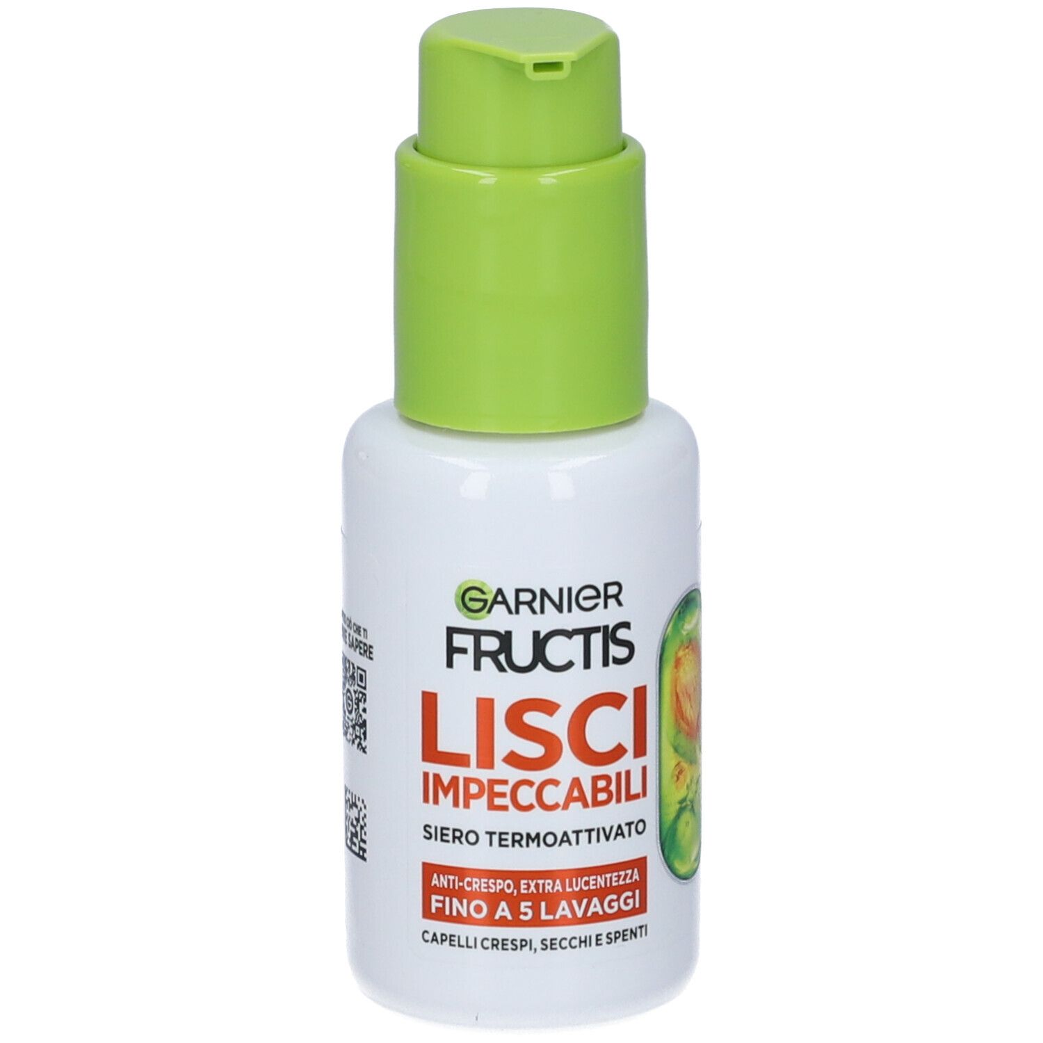 Flacone bianco con erogatore verde. Scritta: Garnier Fructis LISCI IMPECCABILI. Nome del prodotto e logo visibili.