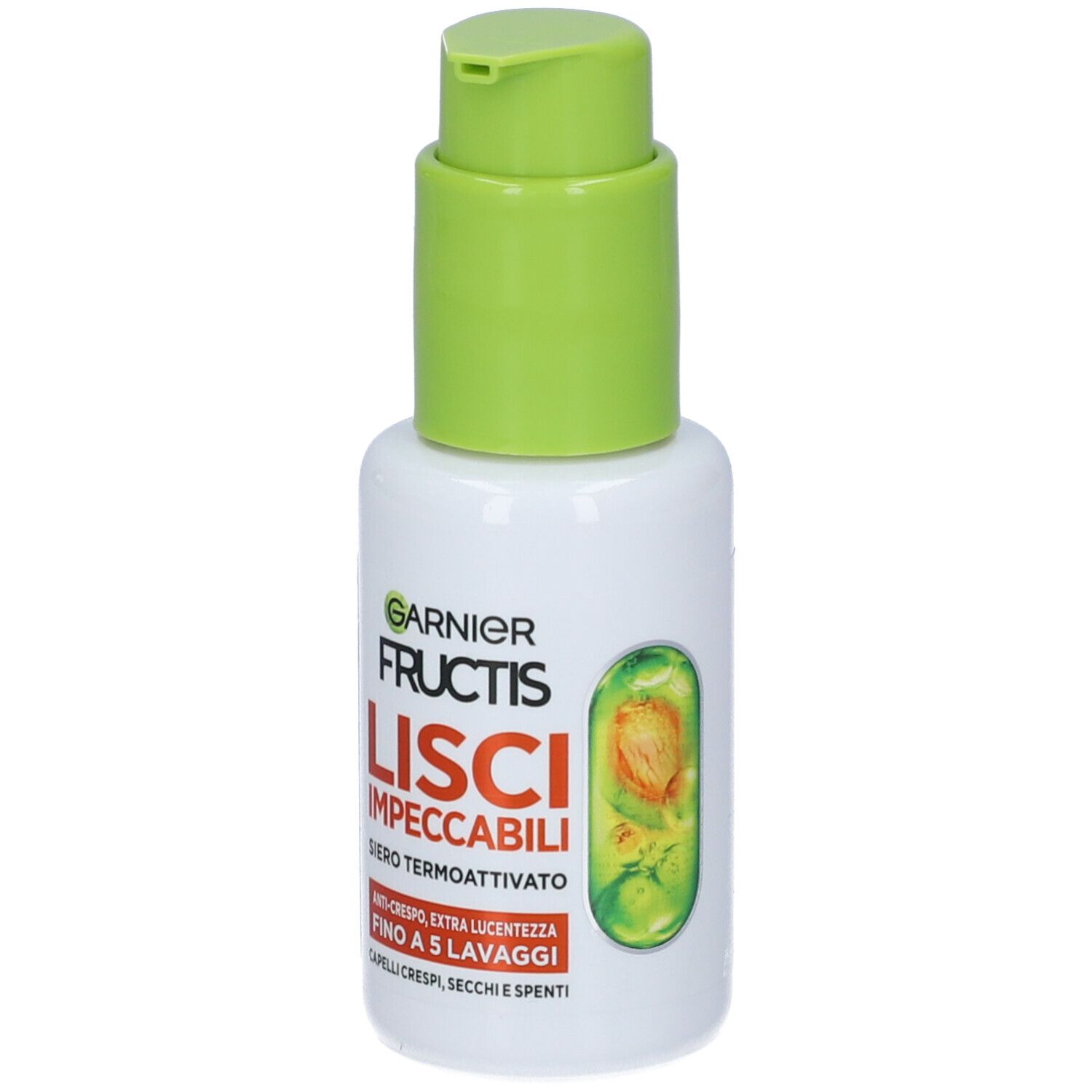Flacone bianco con erogatore verde. Scritta: Garnier Fructis LISCI IMPECCABILI. Nome del prodotto e logo visibili.