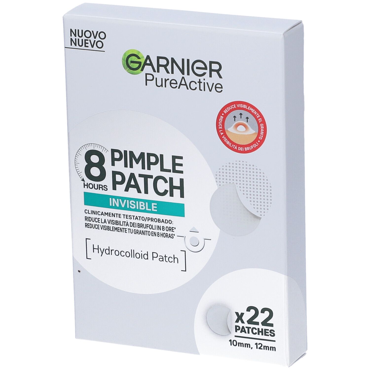 Confezione di Garnier PureActive Pimple Patches. Contiene 22 cerotti idrocolloidi invisibili, 10mm e 12mm.