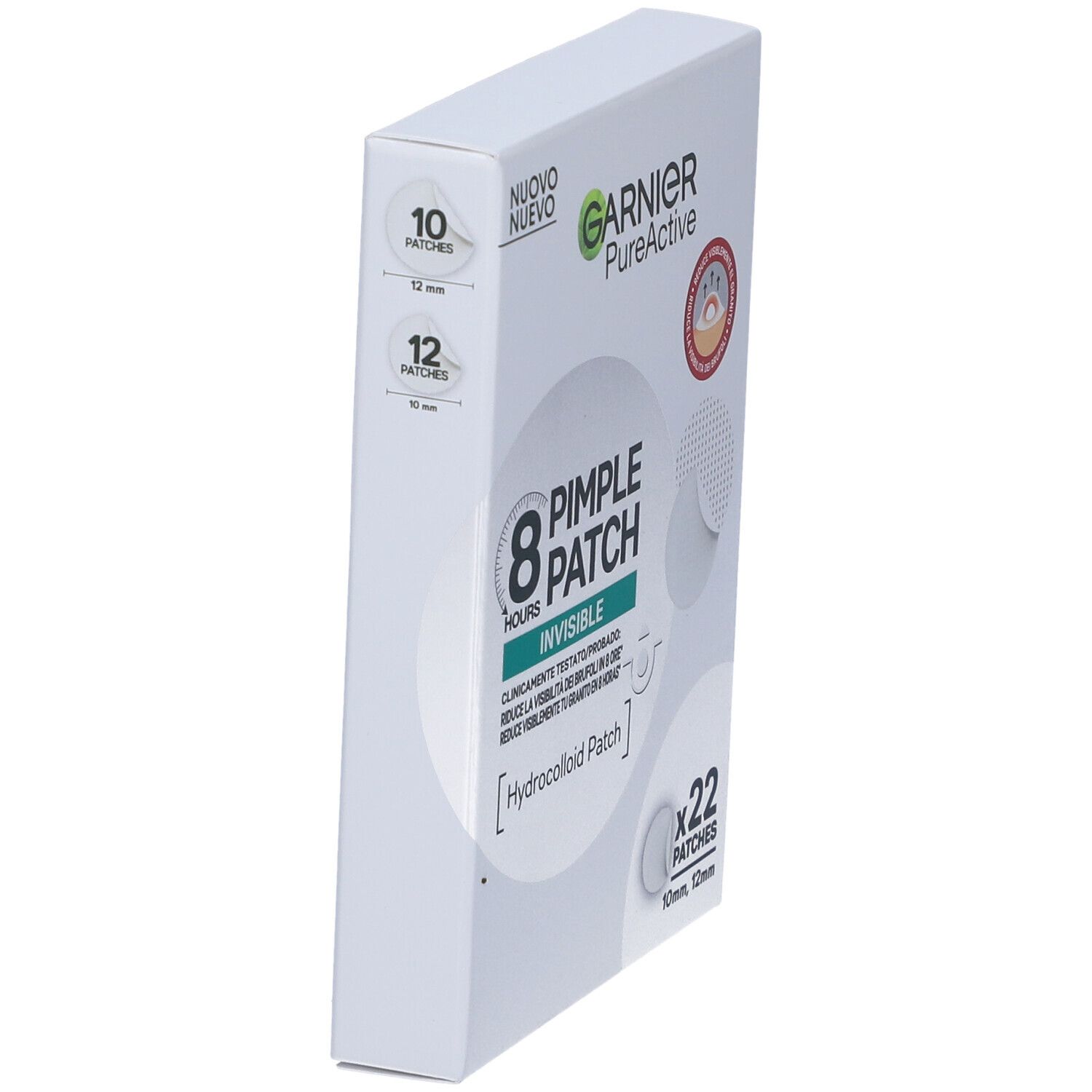 Vista laterale della confezione Garnier PureActive Pimple Patches. Mostra 22 cerotti, 10mm e 12mm, e 10 e 12 cerotti.