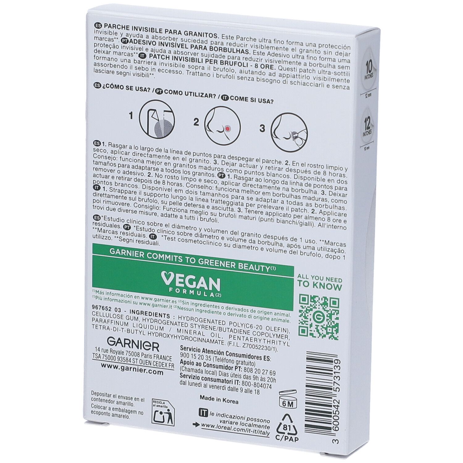 Retro della confezione Garnier PureActive Pimple Patches. Contiene istruzioni, ingredienti e logo Vegan.