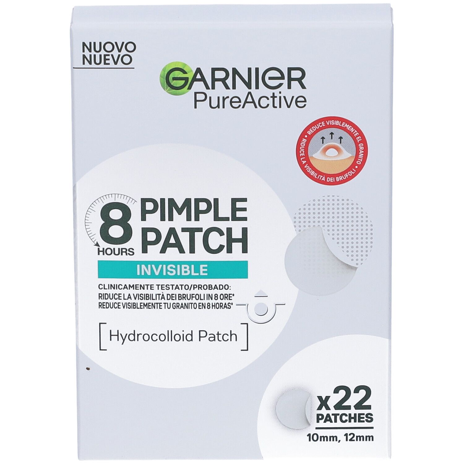 Confezione Garnier PureActive Pimple Patches. Mostra 22 cerotti idrocolloidi invisibili, 10mm e 12mm.