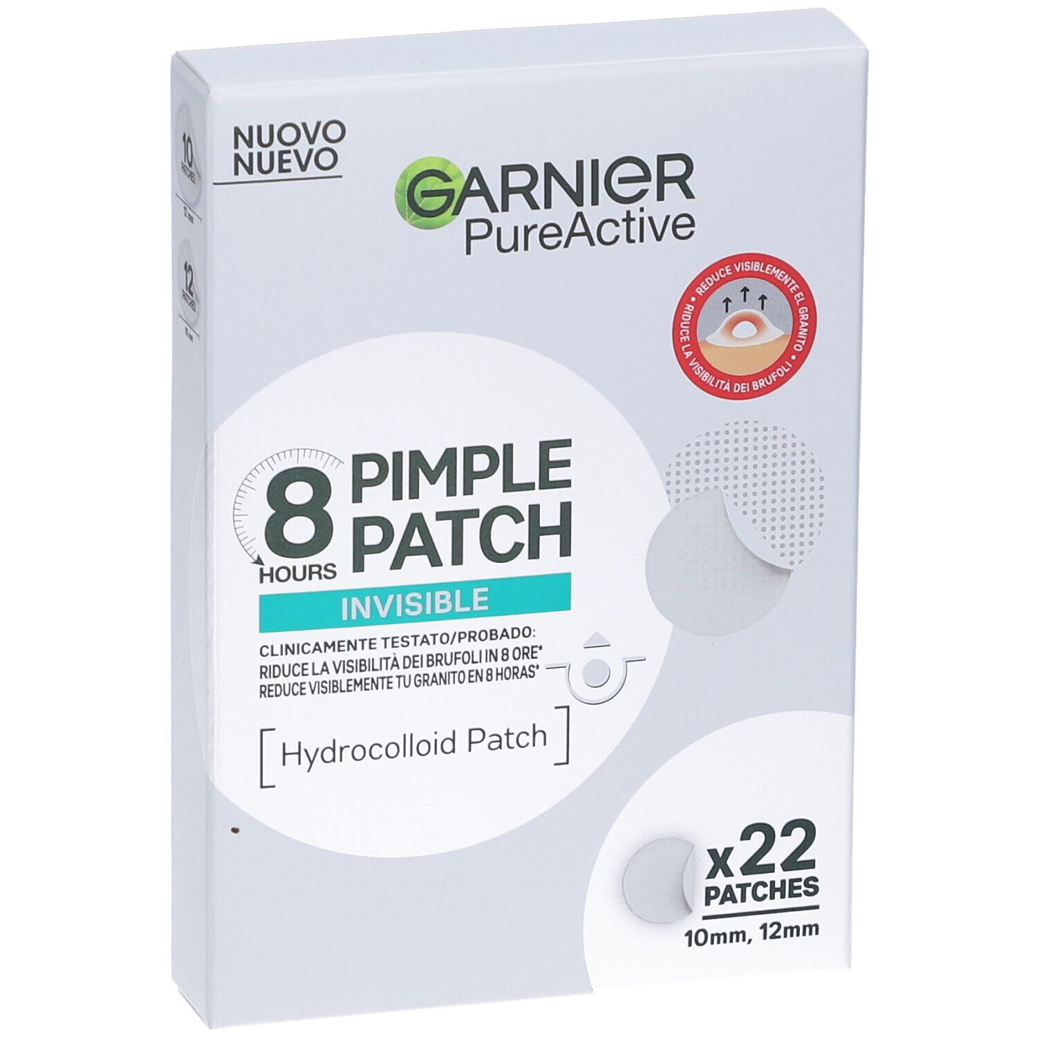 Confezione Garnier PureActive Pimple Patches. Mostra 22 cerotti idrocolloidi invisibili, 10mm e 12mm.