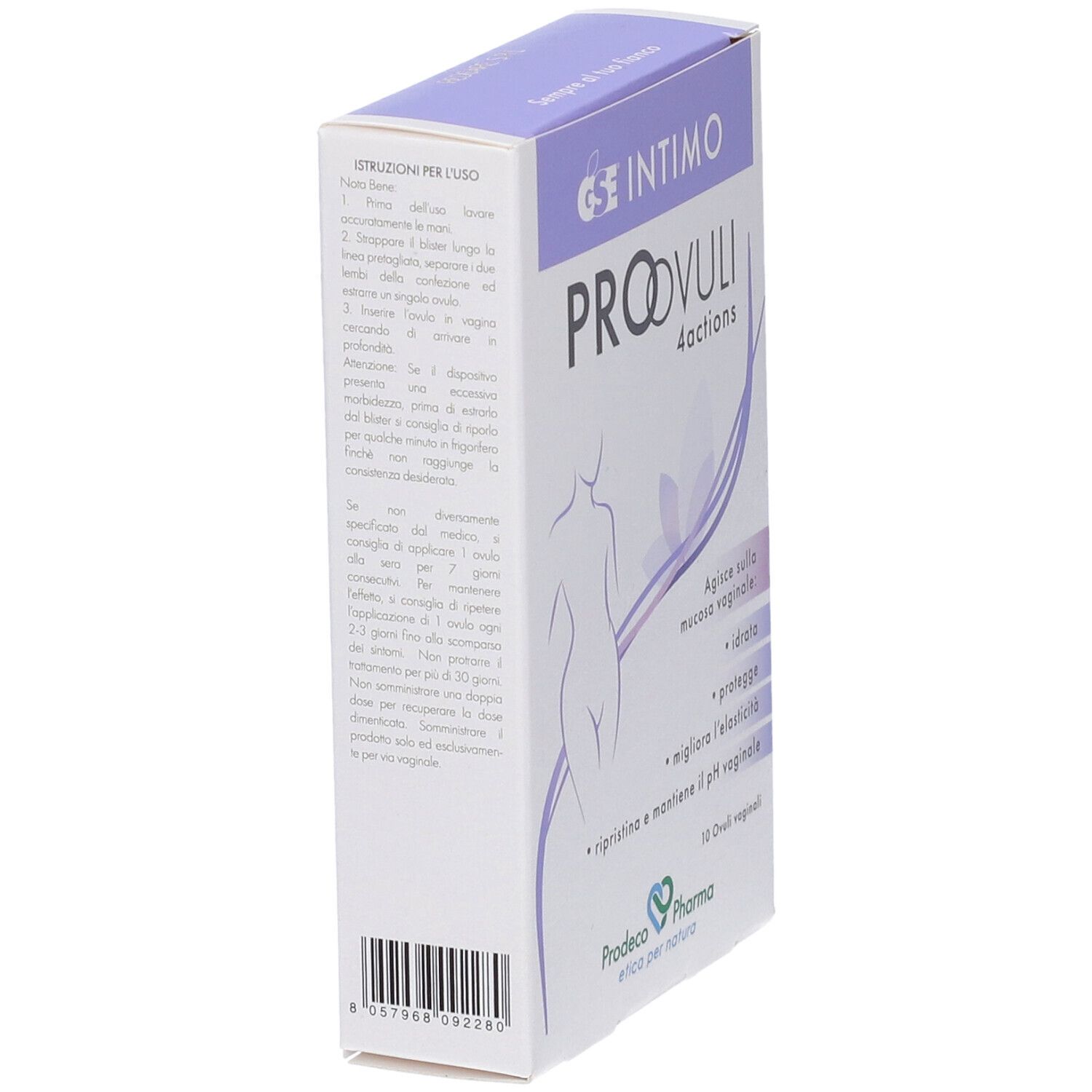 Schrägansicht der Verpackung von GSE Intimo Proovuli 4 Actions Ovuli Vaginali. Text und Illustrationen auf der Verpackung.