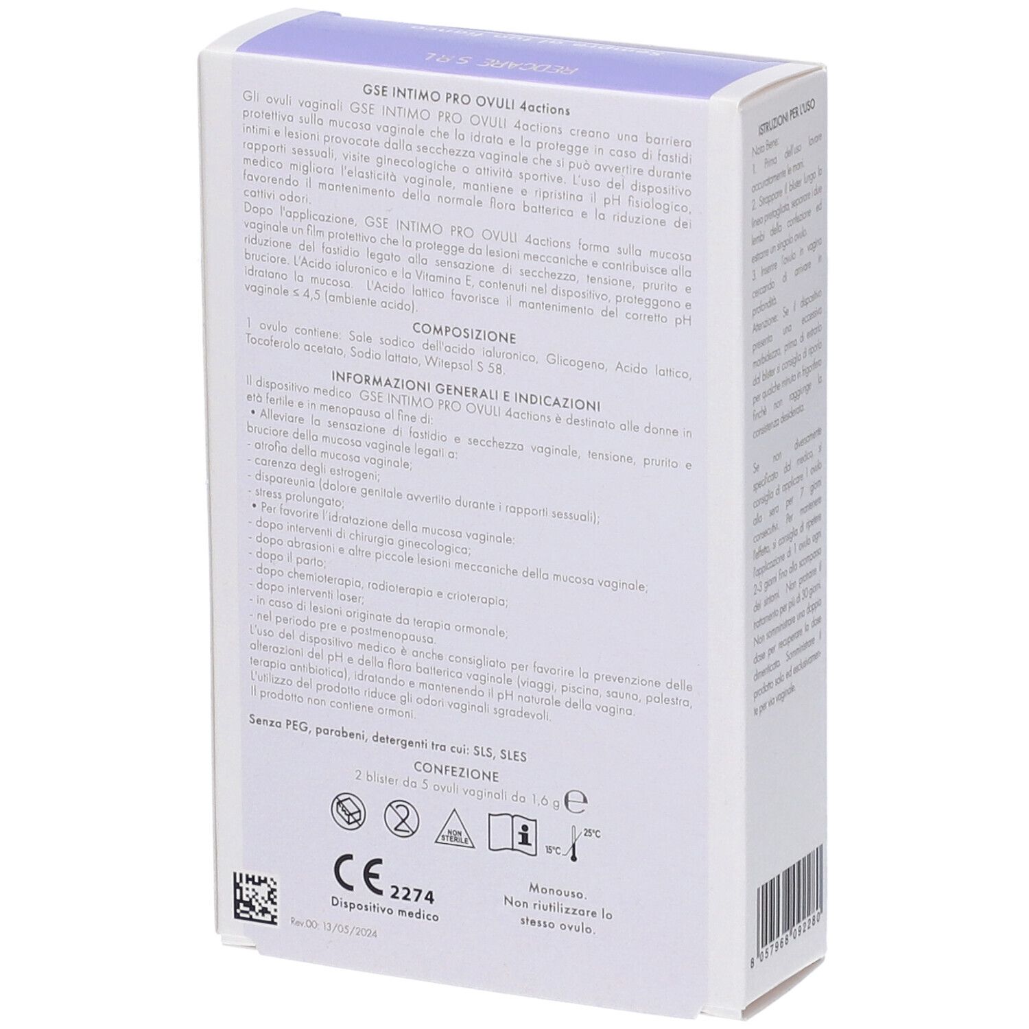 Rückseite der Verpackung von GSE Intimo Proovuli 4 Actions Ovuli Vaginali. Textinformationen und Zertifizierungen.