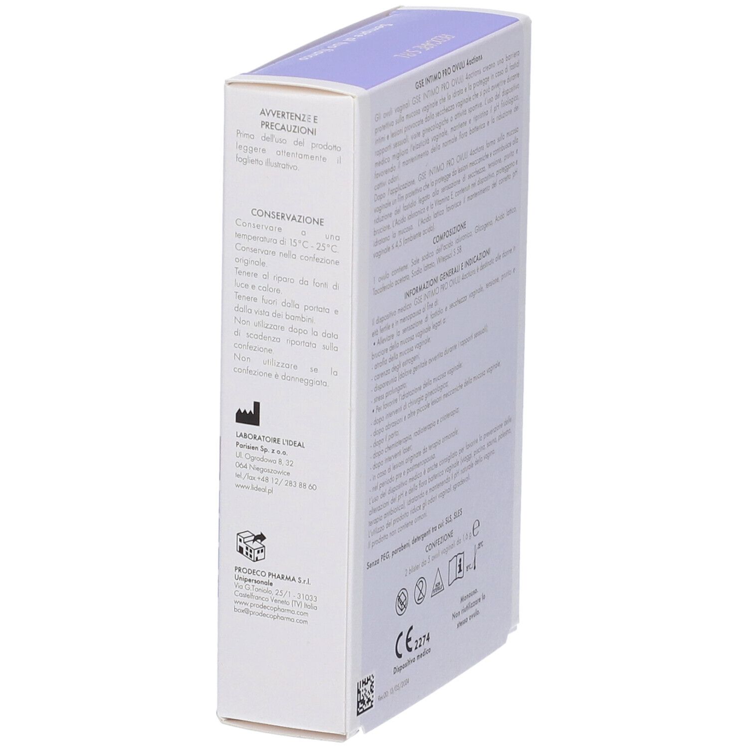 Seitenansicht der Verpackung von GSE Intimo Proovuli 4 Actions Ovuli Vaginali. Text und Logos.