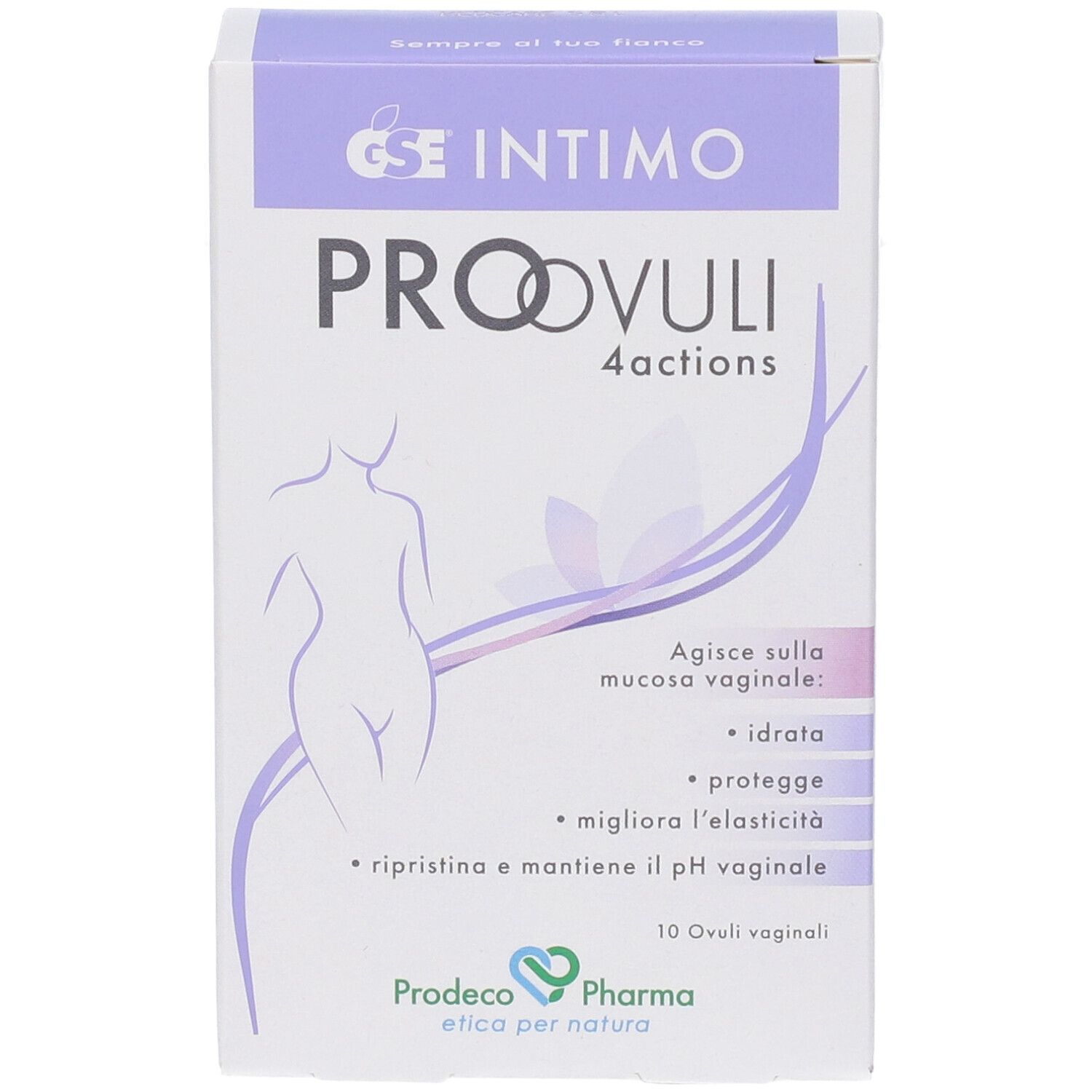 Vorderansicht der Verpackung von GSE Intimo Proovuli 4 Actions Ovuli Vaginali. Produktname, Illustration und Informationen.