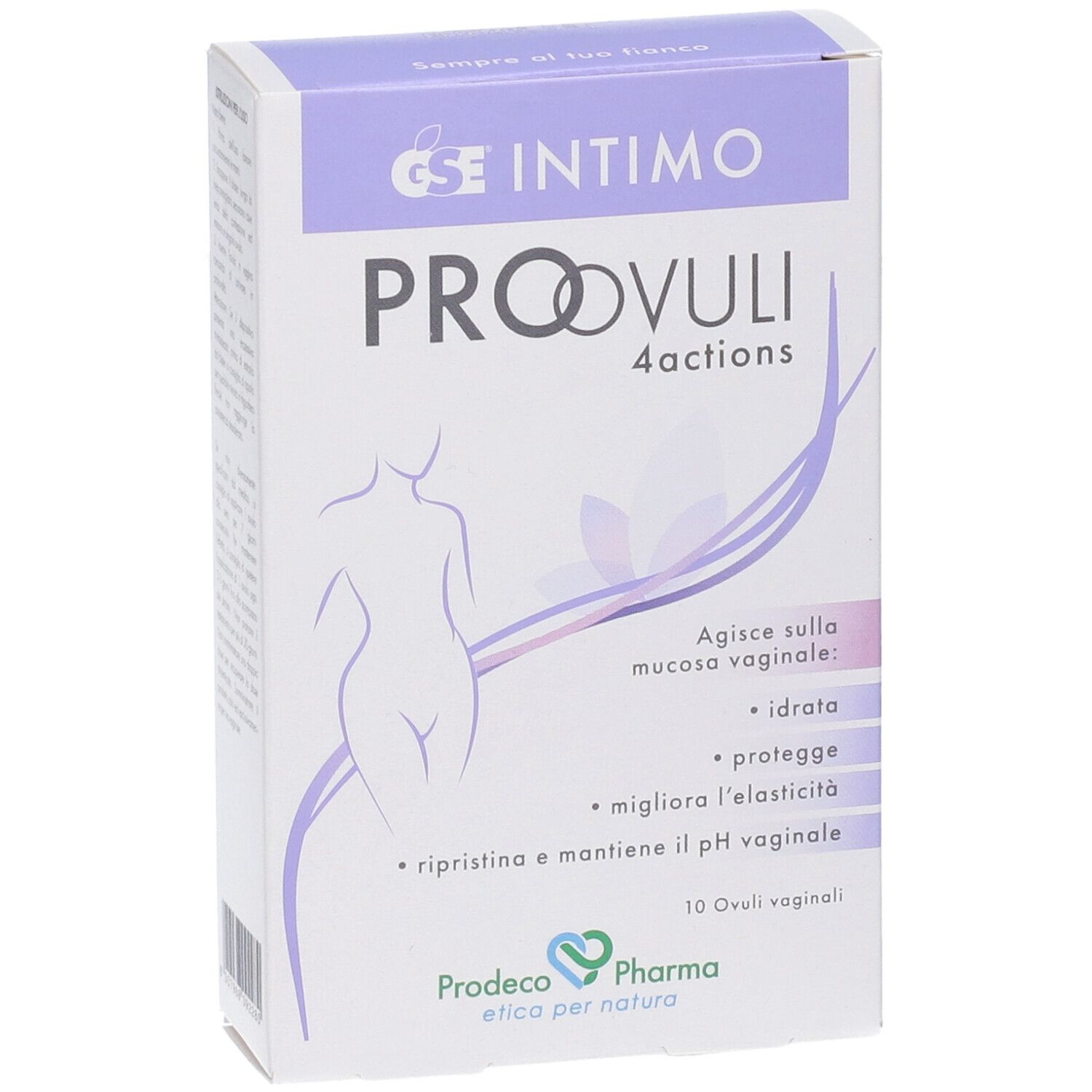 Vorderansicht der Verpackung von GSE Intimo Proovuli 4 Actions Ovuli Vaginali. Produktname, Illustration und Informationen.