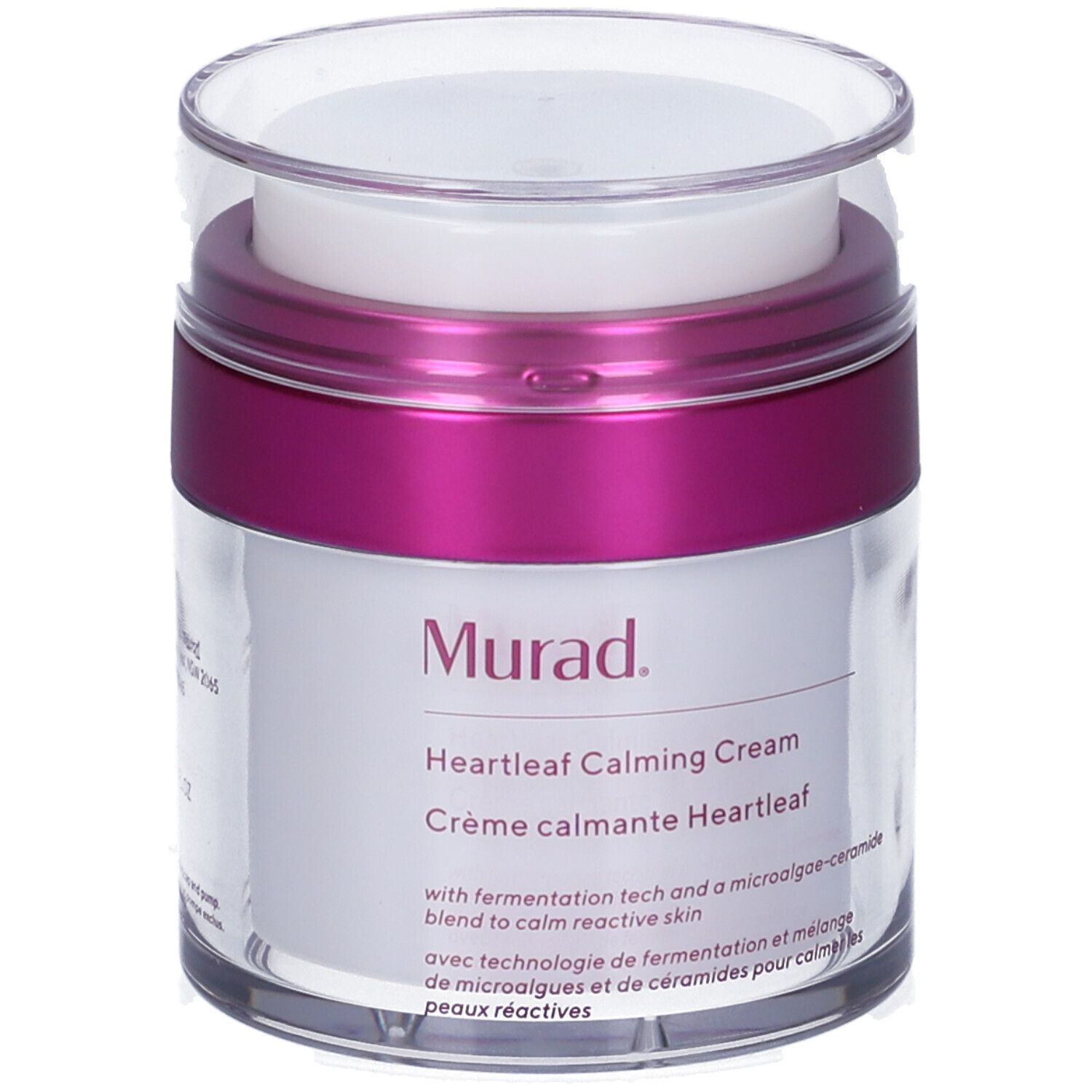 Vasetto di crema con coperchio. Scritta Murad, Heartleaf Calming Cream. Accento rosa. Contenitore trasparente.