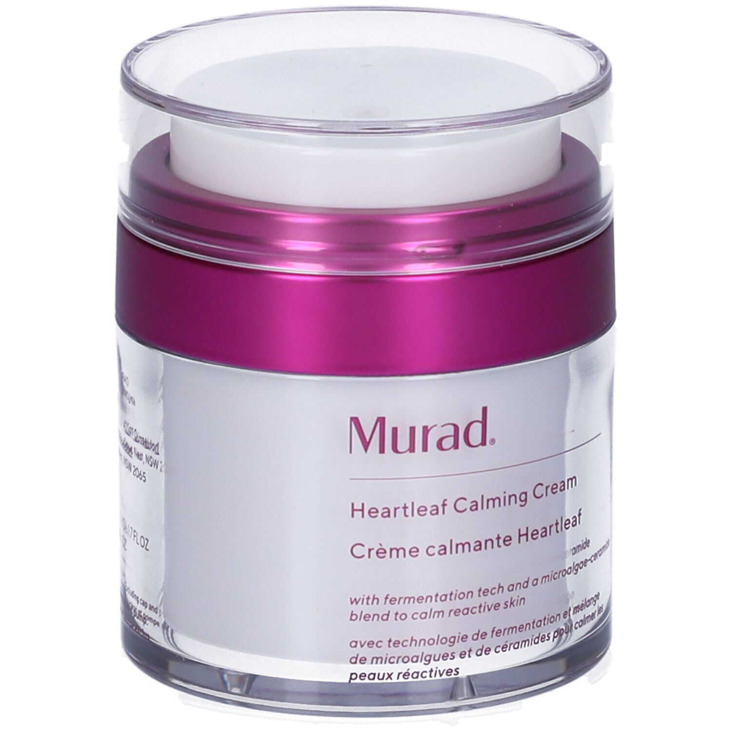 Vasetto di crema con coperchio. Scritta Murad, Heartleaf Calming Cream. Accento rosa. Contenitore trasparente.