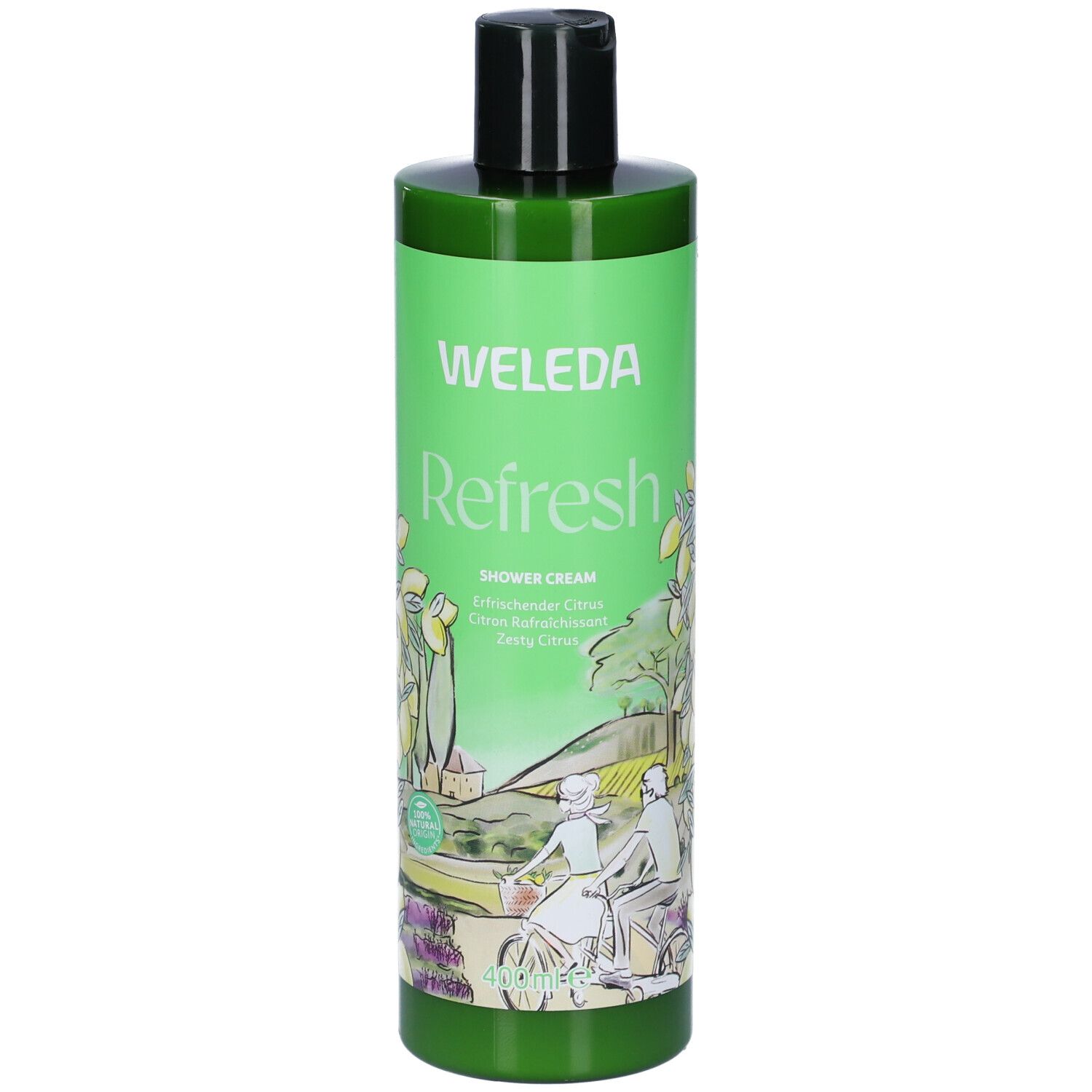 Flacone verde con tappo nero. Scritta: WELEDA Refresh. Illustrazione di paesaggio e persone.